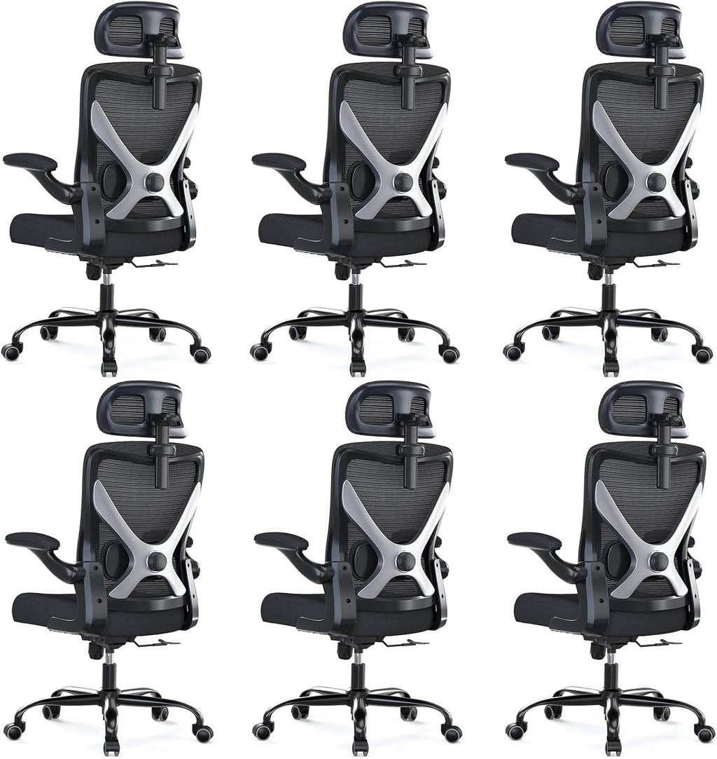 Ergonomic Office Chair - X-Shaped Computer Desk Chair Comfy, Gaming Chair, Office Chair with Lumbar Support, Mesh Office Chairs with Headrests, Desk Chair for Long Hours, Black Silver, Pack of 6