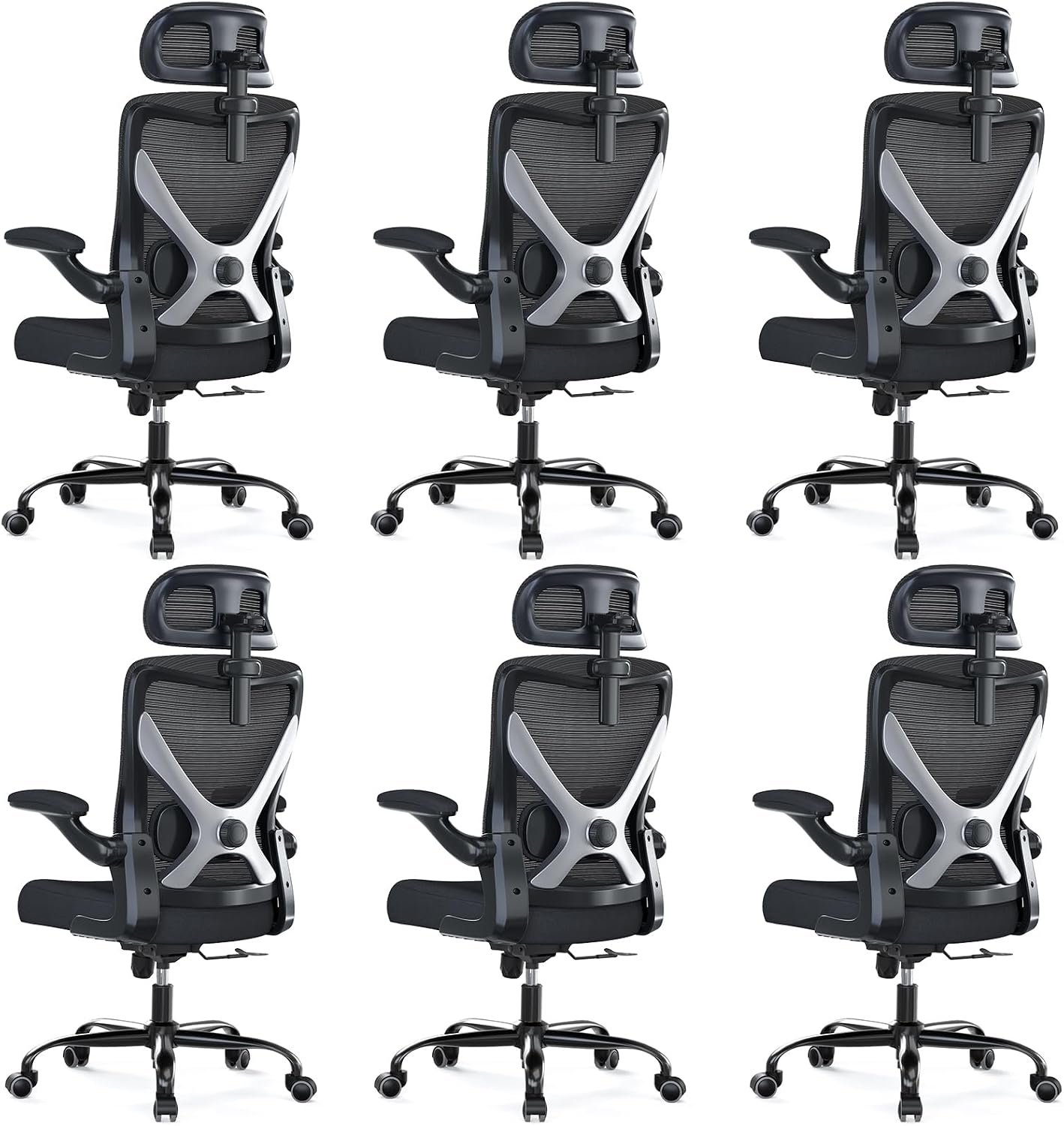 Ergonomic Office Chair - X-Shaped Computer Desk Chair Comfy, Gaming Chair, Office Chair with Lumbar Support, Mesh Office Chairs with Headrests, Desk Chair for Long Hours, Black Silver, Pack of 6