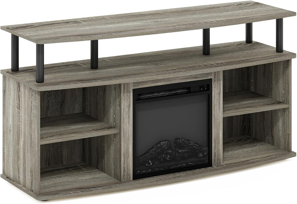 Furinno Jensen Fireplace TV Stand, Entertainment Center, TV Console for TV up to 55 Inch with Fireplace and Open Shelving Storage, for Living Room, Bedroom, French Oak Grey
