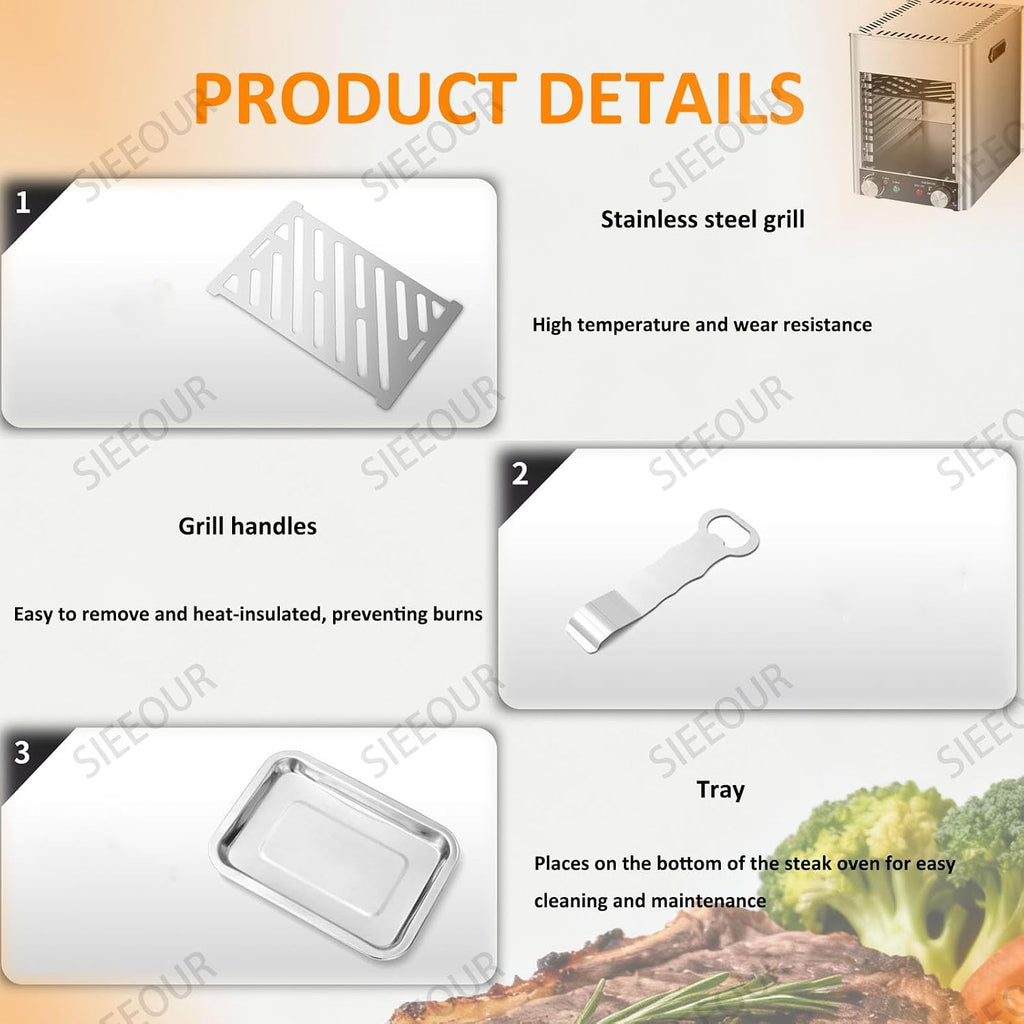 1700W Commercial Electric Steak Broiler, Steak Grill With Stainless Steel,10-Tier Indoor Smokeless With Timer & Temp Control (800℃), For Beef, Chicken, Pizza, Vegetables
