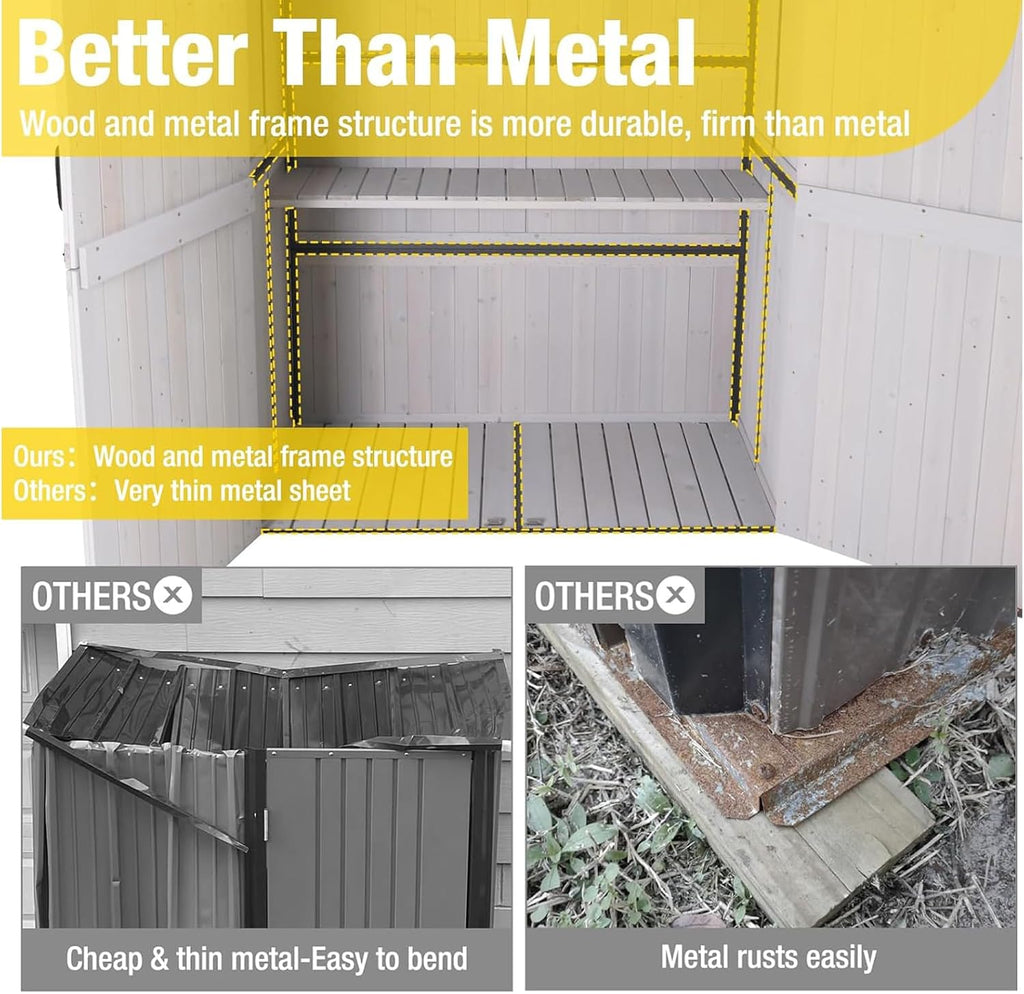 Aivituvin Storage Shed Outdoor Storage Cabinet Upgraded with All Arounded Metal Frame, Wooden Floor and Adjustable Shevels 55' L x 29' W x 67' H, Off-White