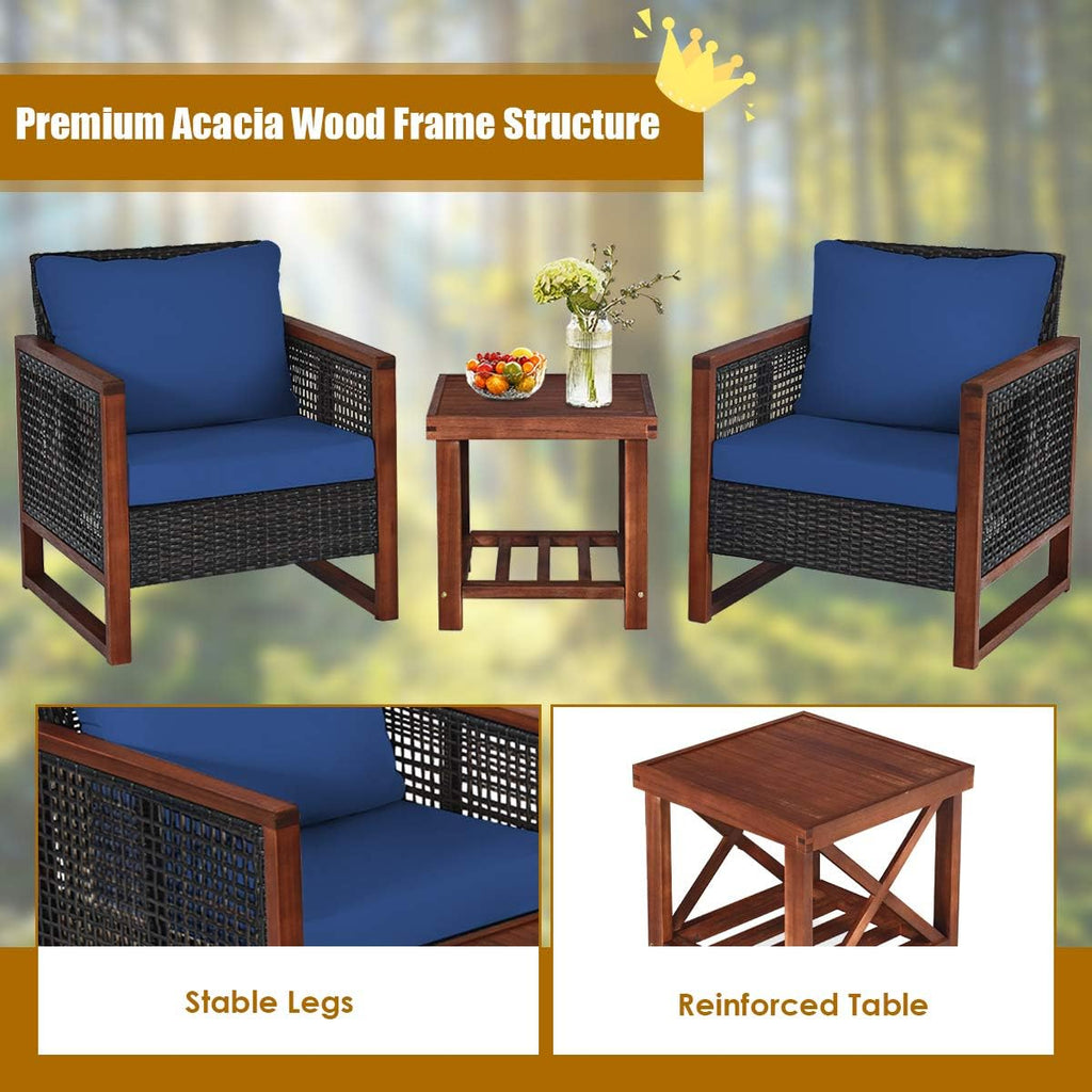 HAPPYGRILL 3 Pieces Outdoor Patio Furniture Set Wicker Chairs with Coffee Table, Balcony Porch Furniture Bistro Set with Acacia Wood Frame and Washable Cushions for Garden Poolside Backyard