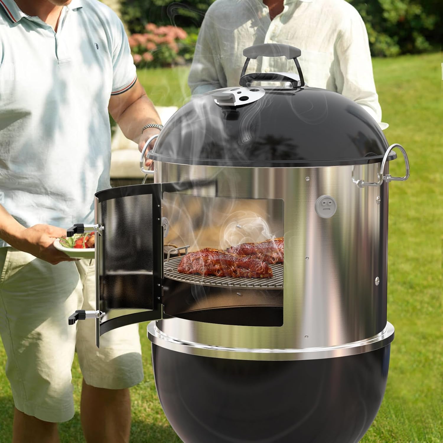 onlyfire Stainless Steel Grill Smoking Kit, Rib Hanging Attachment for Weber 18 inch Kettle Charcoal Grills - Turns Your Kettle into Smoker
