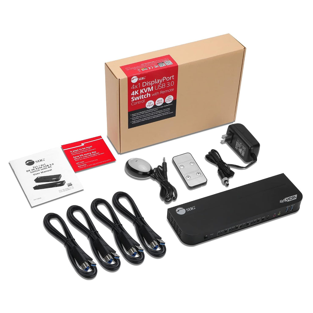 SIIG 4-Port 4K KVM Switch DisplayPort with Remote Control, DP or HDMI Output, 2X USB 3.2 Type-A Ports, Support DisplayPort 1.4/1.2, EDID Bypass, Compatible with Windows and Mac (CE-KV0D11-S1)