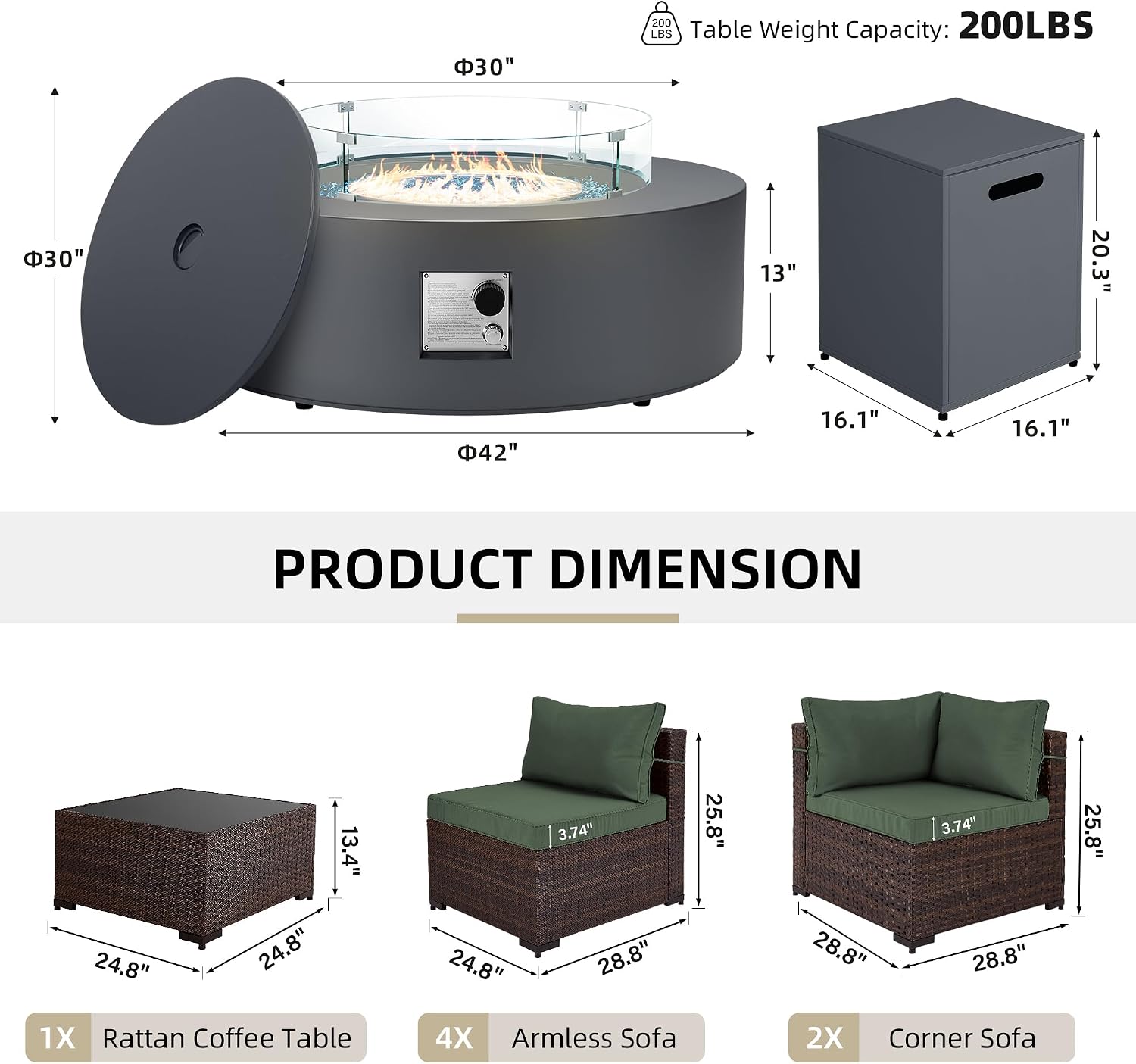 UPHA 9 Pieces Patio Furniture Sets, Wicker Outdoor Sectional Sofa Couch with Round Propane Pit for Deck Backyard Garden, Brown Rattan, Pine Green Cushion