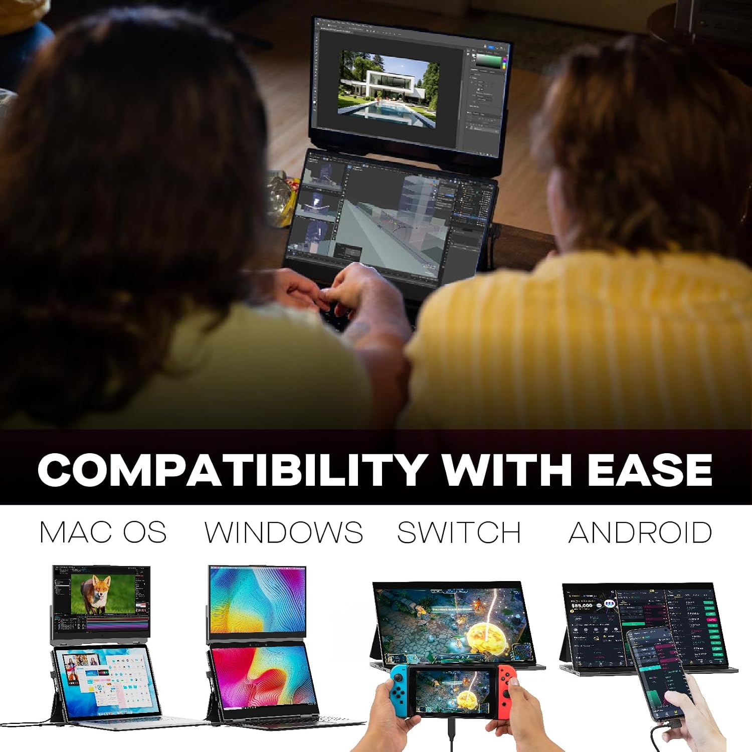Duex Float New Mobile Pixels 15.6' Stacked Portable Monitor, FHD IPS Portable Touchscreen (Built-in Kickstand), USB C/HDMI Laptop Screen Extender (Optional Magnets), Windows, MacOS, ChromeOS, Switch