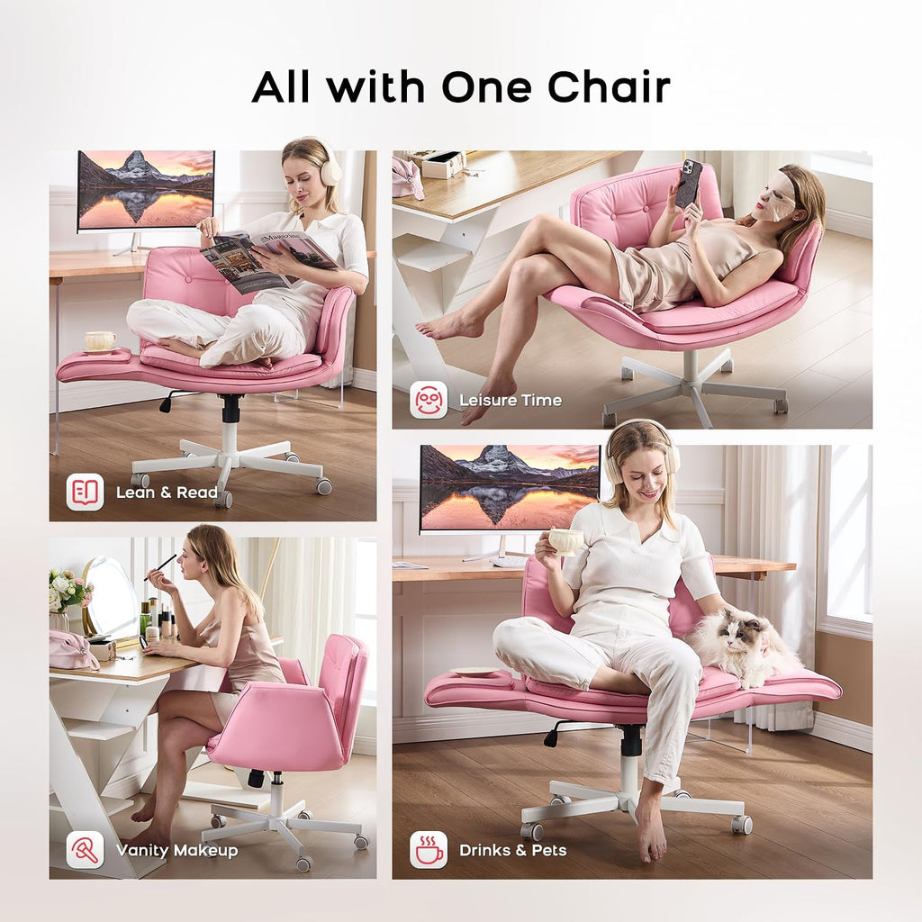 amseatec Criss Cross Office Chair, PU Leather Vanity Chair with 5-Level Adjustable Armrests & Swivel, Ergonomic Criss Cross Chair for Home Office Bedroom Makeup（Pink）