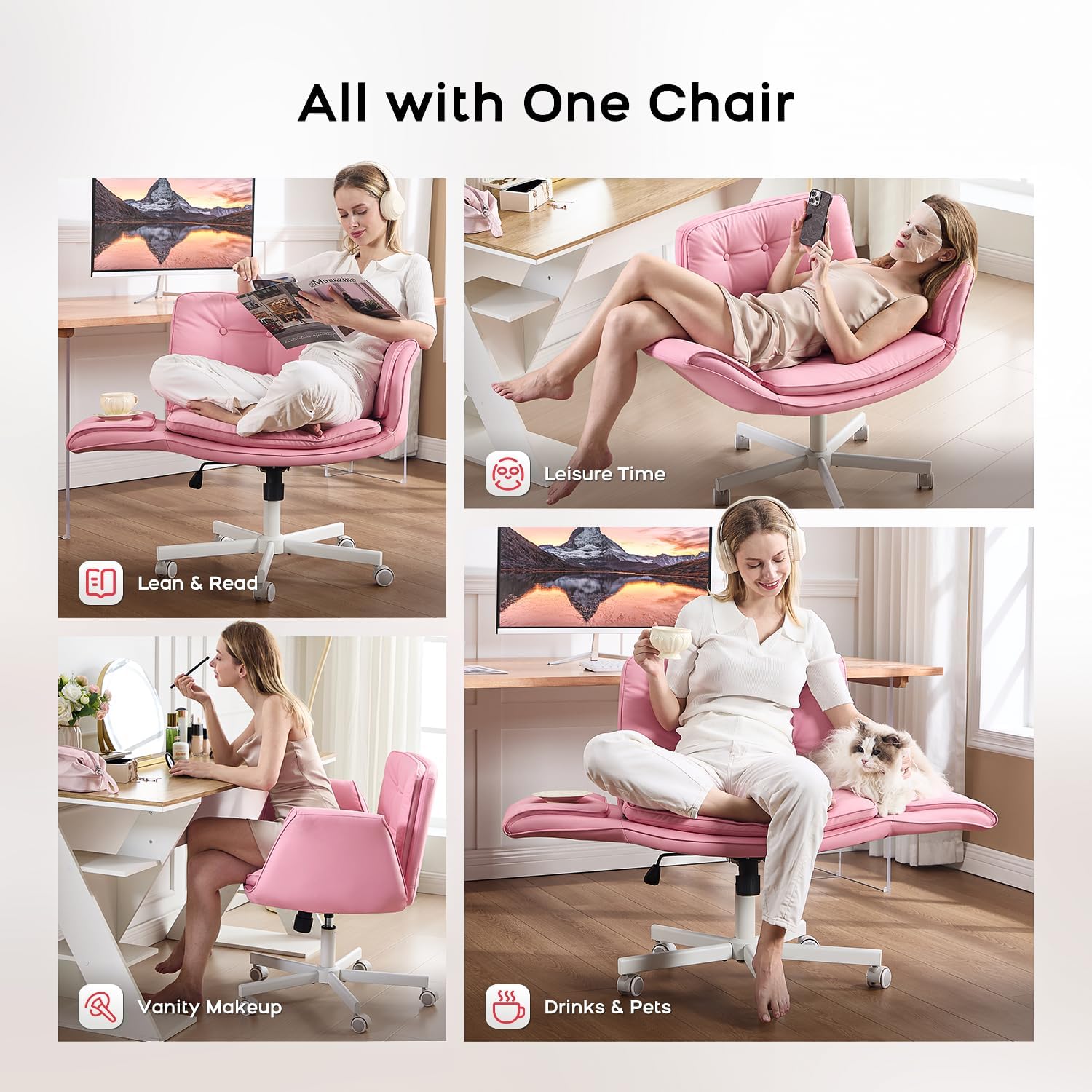 amseatec Criss Cross Office Chair, PU Leather Vanity Chair with 5-Level Adjustable Armrests & Swivel, Ergonomic Criss Cross Chair for Home Office Bedroom Makeup（Pink）