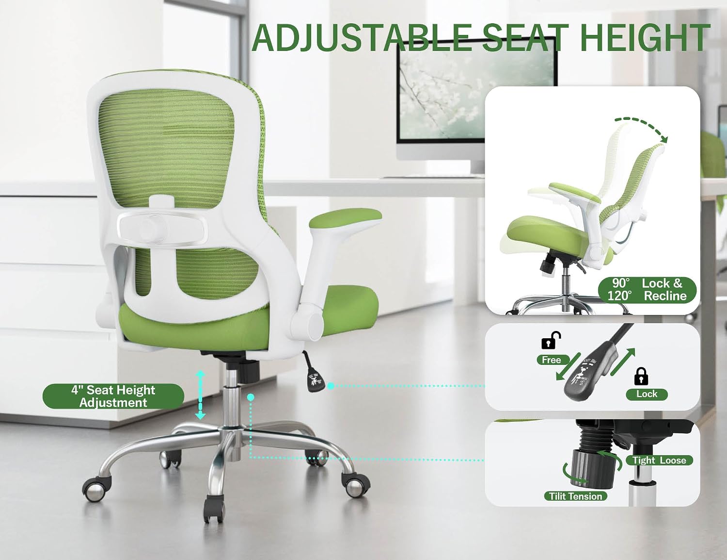 Office Chair Ergonomic Desk Chair Comfy: 400LBS Mesh Computer Chair Ergonomic Gaming Chairs with Wheels Adjustable Lumbar Support and Flip up Armrest-Swivel Executive Chairs Long Hours(Green)
