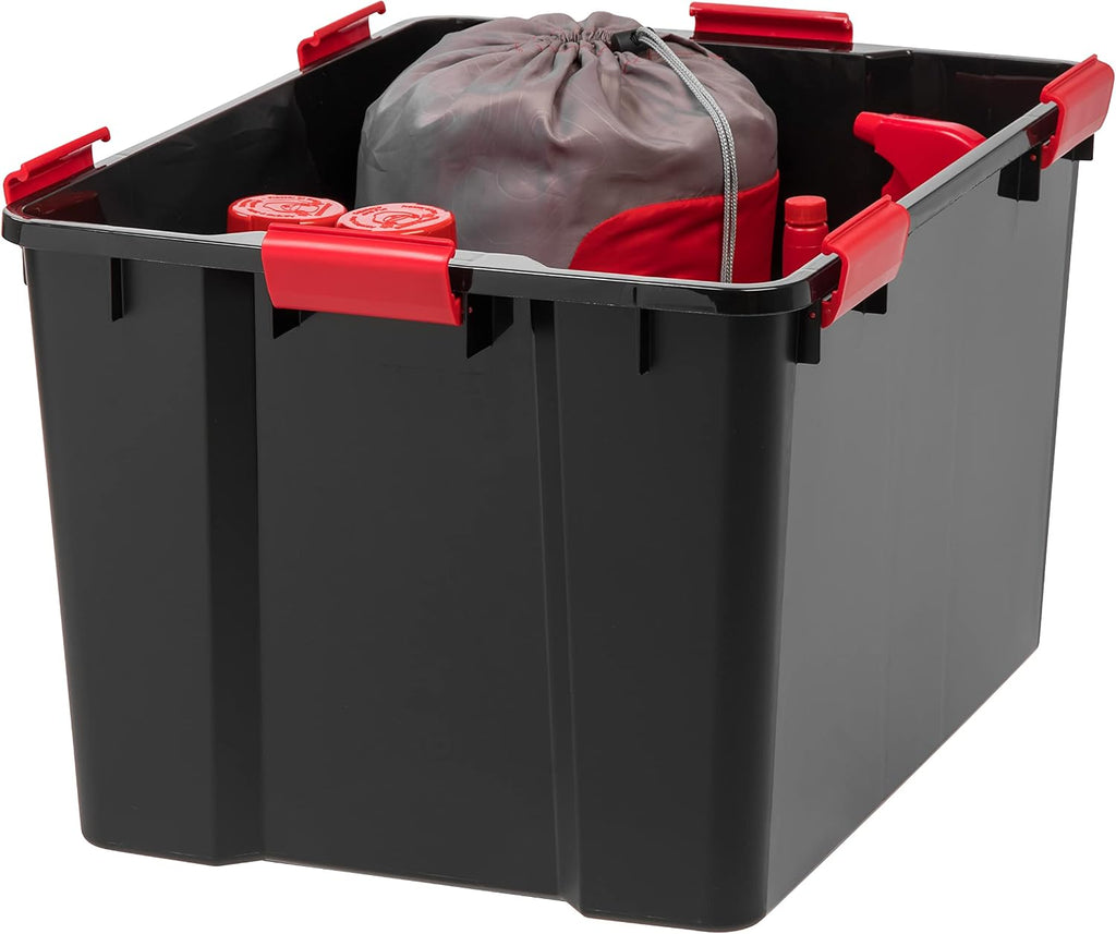 IRIS USA WeatherPro 74 Qt Storage Bins with Lids, 3 Pack, BPA-Free Plastic Gasket Box with Tight Latch and Seal, Stackable Nestable Tote Tub - Black/Red