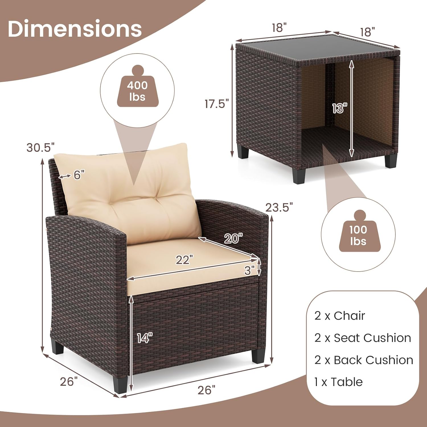 KOTEK 3 Piece Patio Furniture Set, Outdoor Conversation Set with Washable Cushions & Storage Table, PE Rattan Wicker Bistro Set for Porch, Backyard, Balcony (Beige)