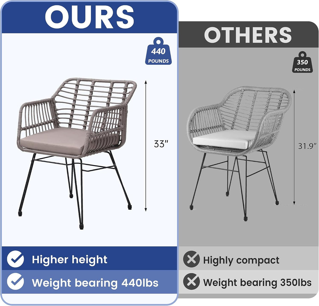 KROFEM 3 Piece Wicker Patio Bistro Furniture Set, Includes 2 Rattan Chairs and Glass Top Table, Ideal for Porch, Outdoor, Backyard, Apartment, Balcony, Grey