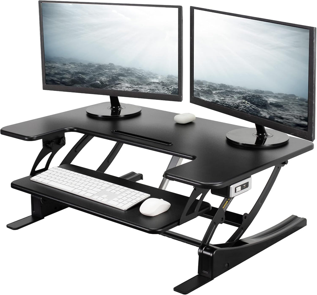 VIVO 36 inch Electric Height Adjustable Stand Up Desk Converter, VE Series, Sit to Stand Tabletop Dual Monitor Riser with USB Port, Black, DESK-V000VE