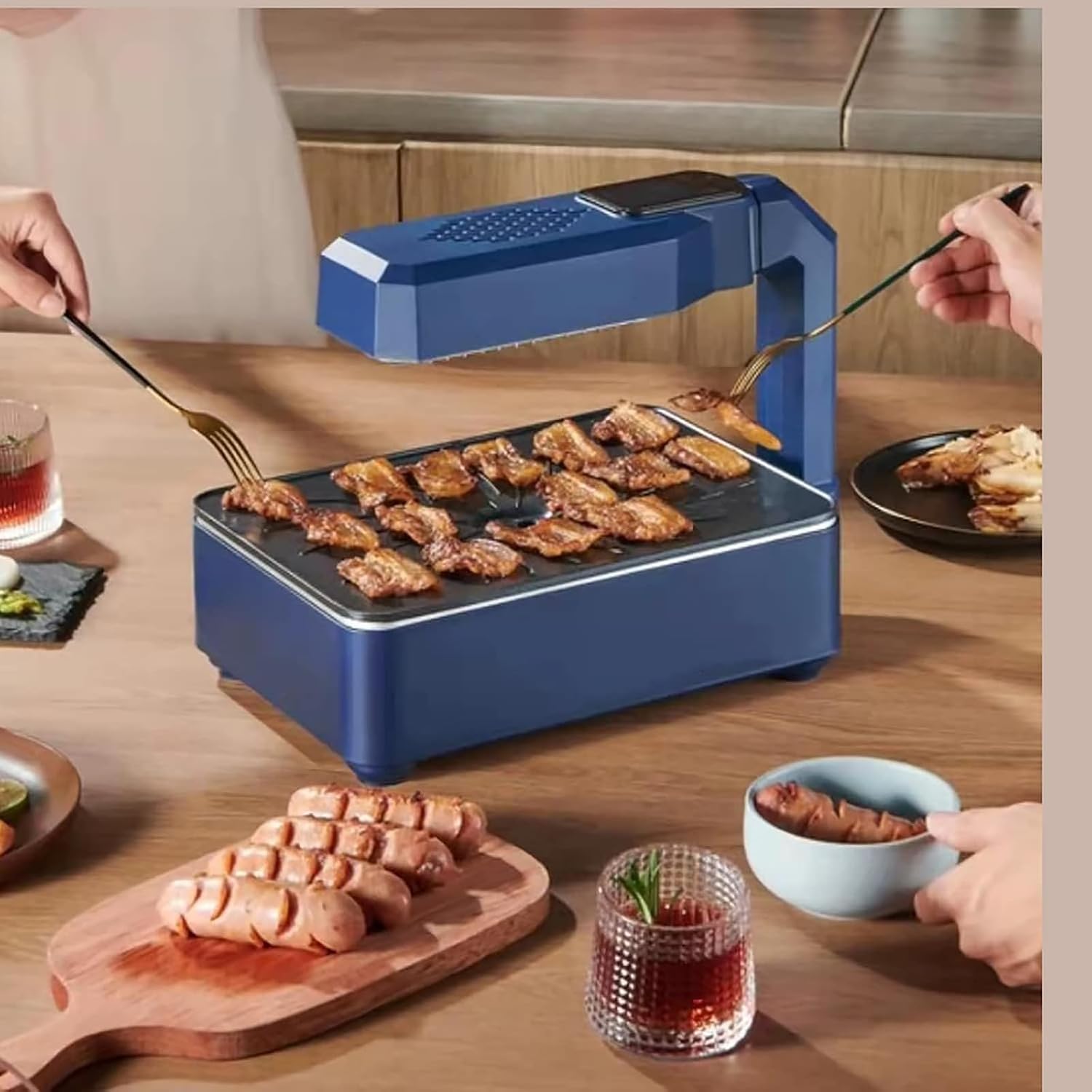 Electric Smokeless Indoor Grill, Multifunctional Non-Stick Electric Grill with LCD Liquid Crystal Screen, 1-80 Minutes Time/80-280°Temperature Adjustment/35cm Large Baking Pan
