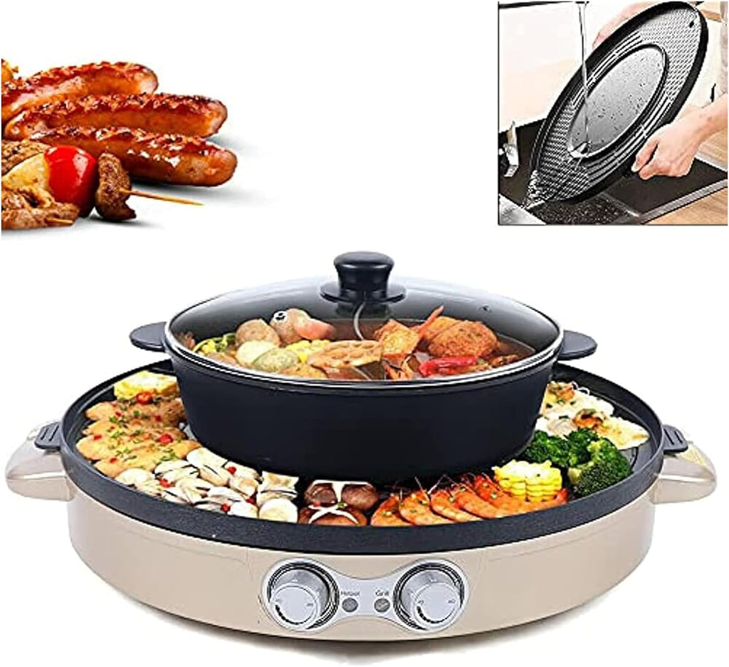 2 In 1 Electric Grill Pan Hot Pot, Multifunctional Removable Hotpot Indoor BBQ Pot with Separate Dual Temperature Contral Stepless Adjustment Knob, Smokeless BBQ Teppanyaki Grill