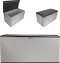 Suncast 160-Gal. Resin Extra-Large Outdoor Patio Deck Box with Pad-Lockable Lid, Modern Reeded Outdoor Patio Bench/Storage Box for Cushions, Garden Tools, and More, Iron Ore/French Gray
