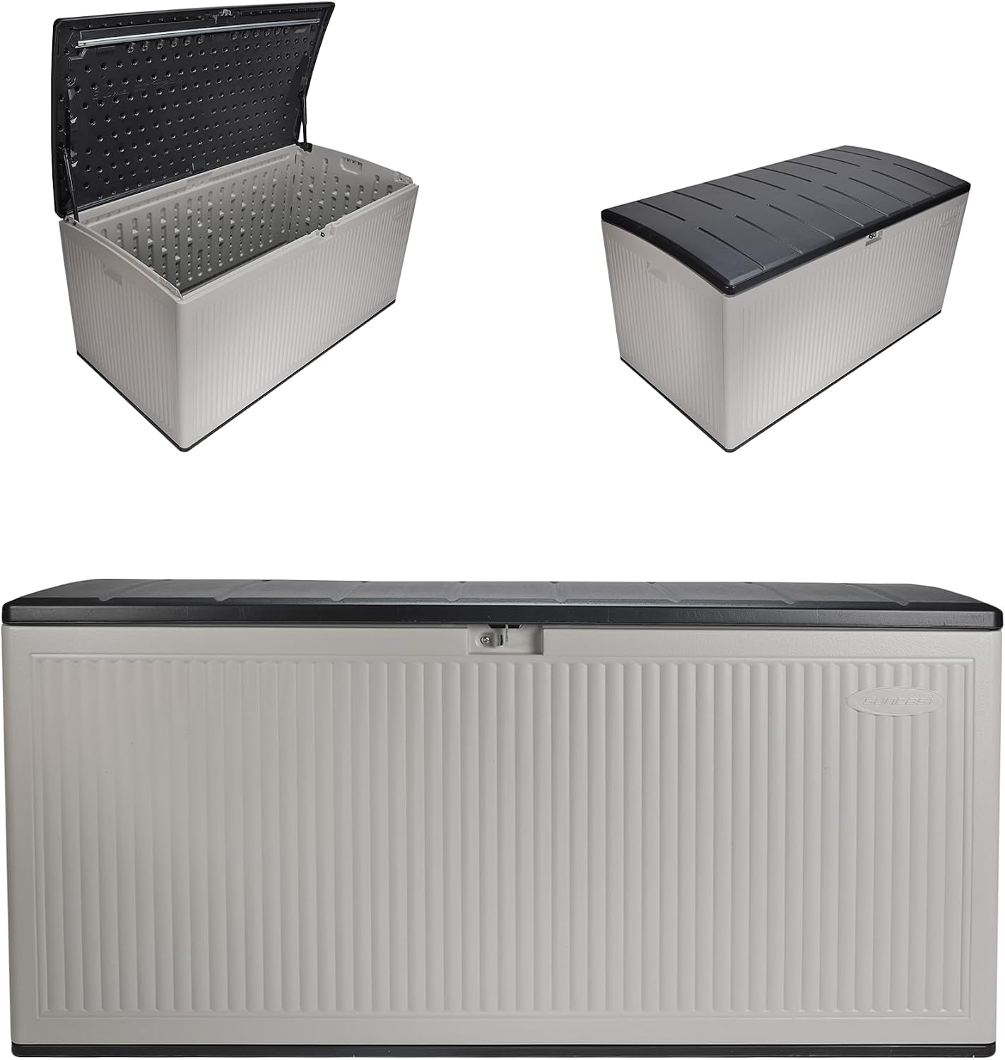 Suncast 160-Gal. Resin Extra-Large Outdoor Patio Deck Box with Pad-Lockable Lid, Modern Reeded Outdoor Patio Bench/Storage Box for Cushions, Garden Tools, and More, Iron Ore/French Gray