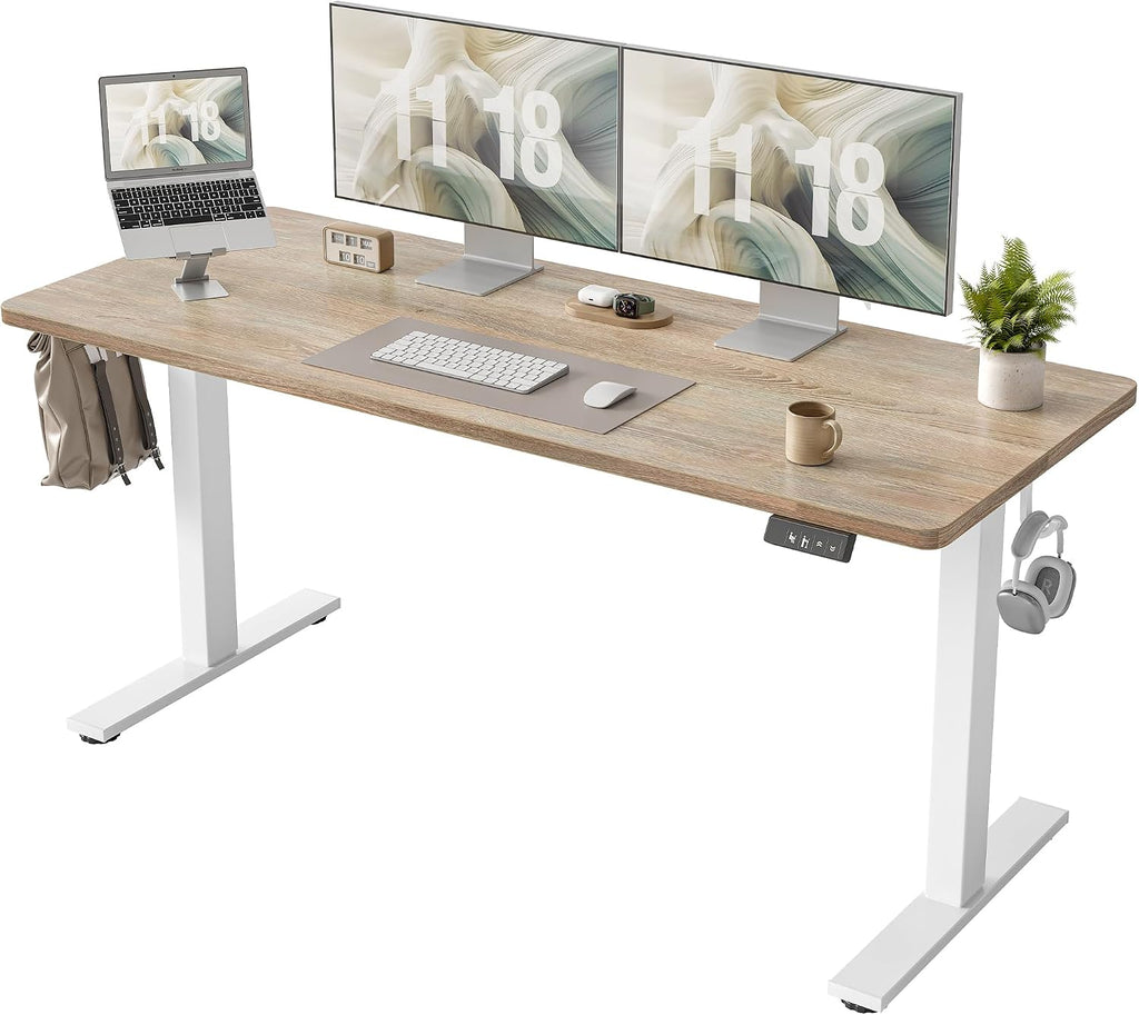 TIQLAB Standing Desk 63 x 24 inch, Electric Height Adjustable Desk with Splice Board, Sit Stand Desk Computer Table for Home Office, White Frame/Maple Top