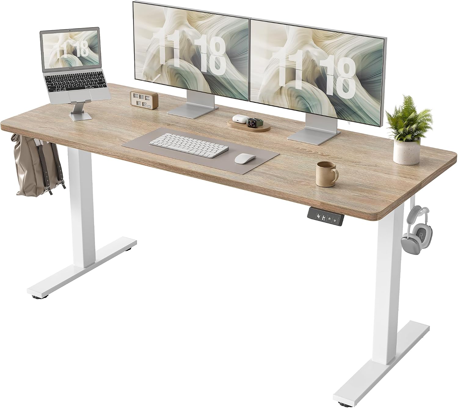 TIQLAB Standing Desk 63 x 24 inch, Electric Height Adjustable Desk with Splice Board, Sit Stand Desk Computer Table for Home Office, White Frame/Maple Top