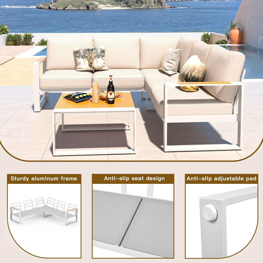 Aluminum Patio Furniture Set, All-Weather Outdoor Couch Sectional, L Shaped Patio Conversation Sets, Metal Corner Sofa with Teak Coffee Table (Cushion: Beige, White Frame)