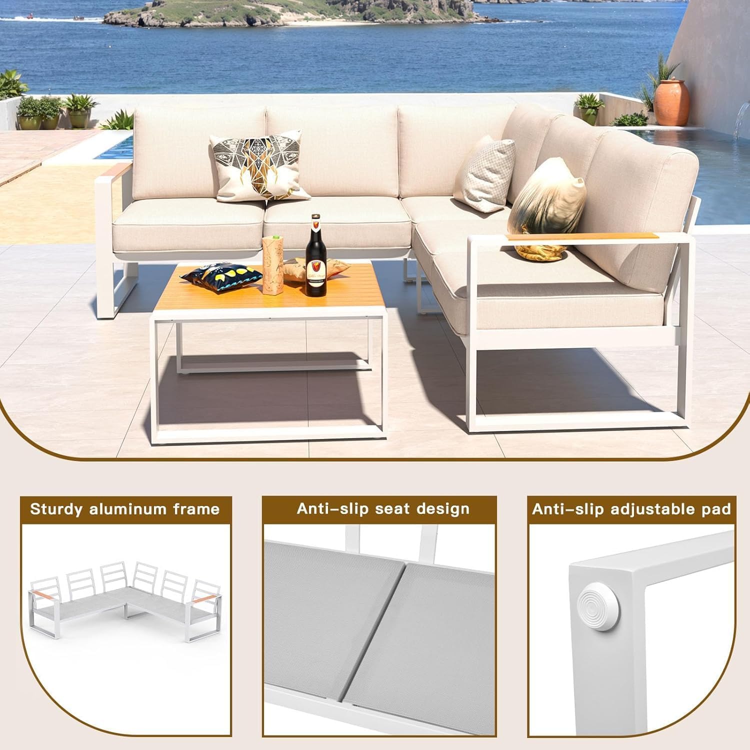 Aluminum Patio Furniture Set, All-Weather Outdoor Couch Sectional, L Shaped Patio Conversation Sets, Metal Corner Sofa with Teak Coffee Table (Cushion: Beige, White Frame)