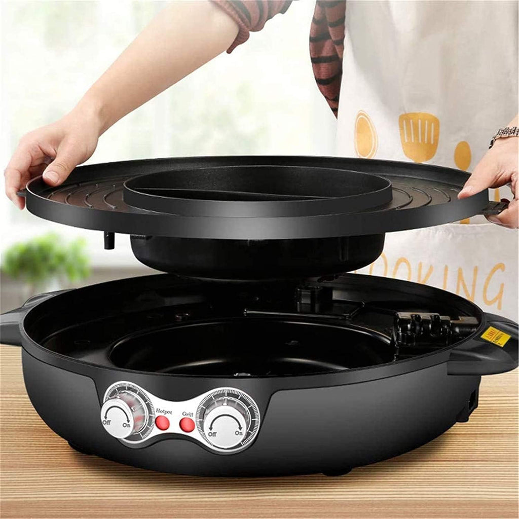 Electric Grill Hot Pot,Smokeless Barbecue Machine,Non-Stick Multi-Purpose Shabu Pot with Divider,Separate Dual Temperature Contral,Black (Color : Red)