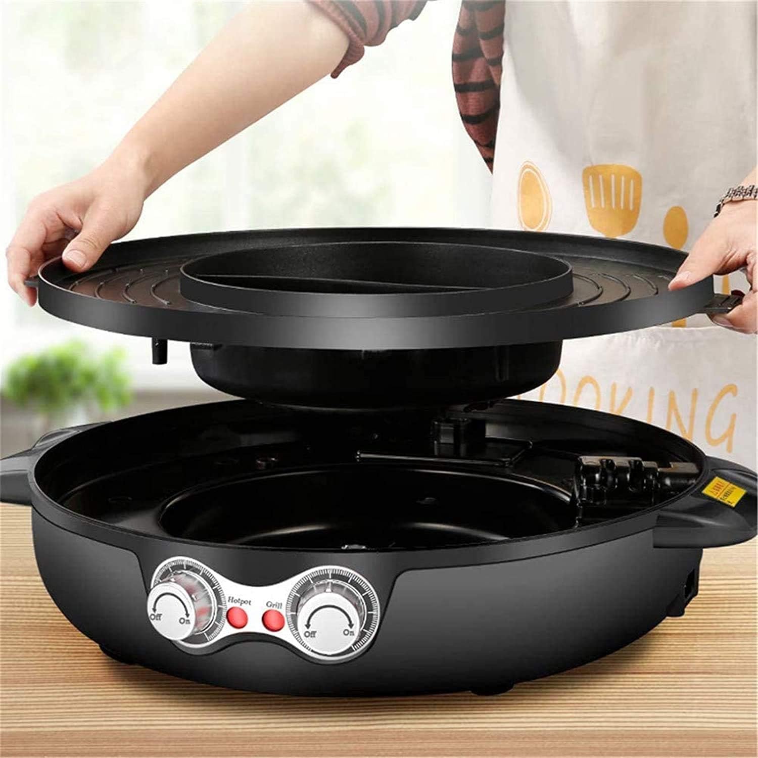 Electric Grill Hot Pot,Smokeless Barbecue Machine,Non-Stick Multi-Purpose Shabu Pot with Divider,Separate Dual Temperature Contral,Black (Color : Black)