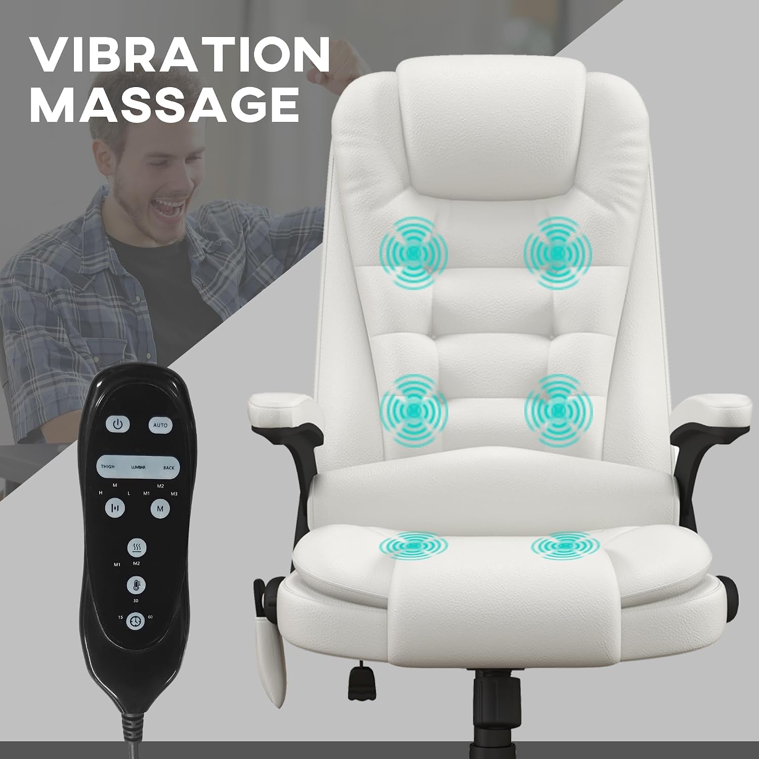 HOMCOM High Back Vibration Massage Office Chair with 6 Vibration Points, Heated Reclining PU Leather Computer Chair with Armrest and Remote, White