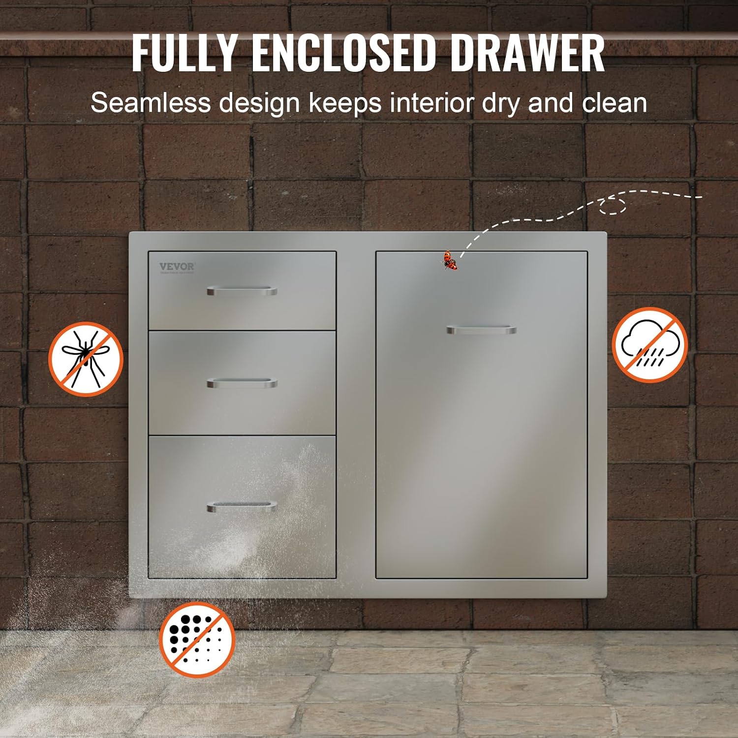 VEVOR Stainless Steel Cabinet, Outdoor Kitchen Door Drawer Combo 29.5' W x 22.6' H x 21.7' D, Access Door/Triple Drawers, Propane Drawer, Adjustable Garbage Ring, BBQ Island Patio Grill Station
