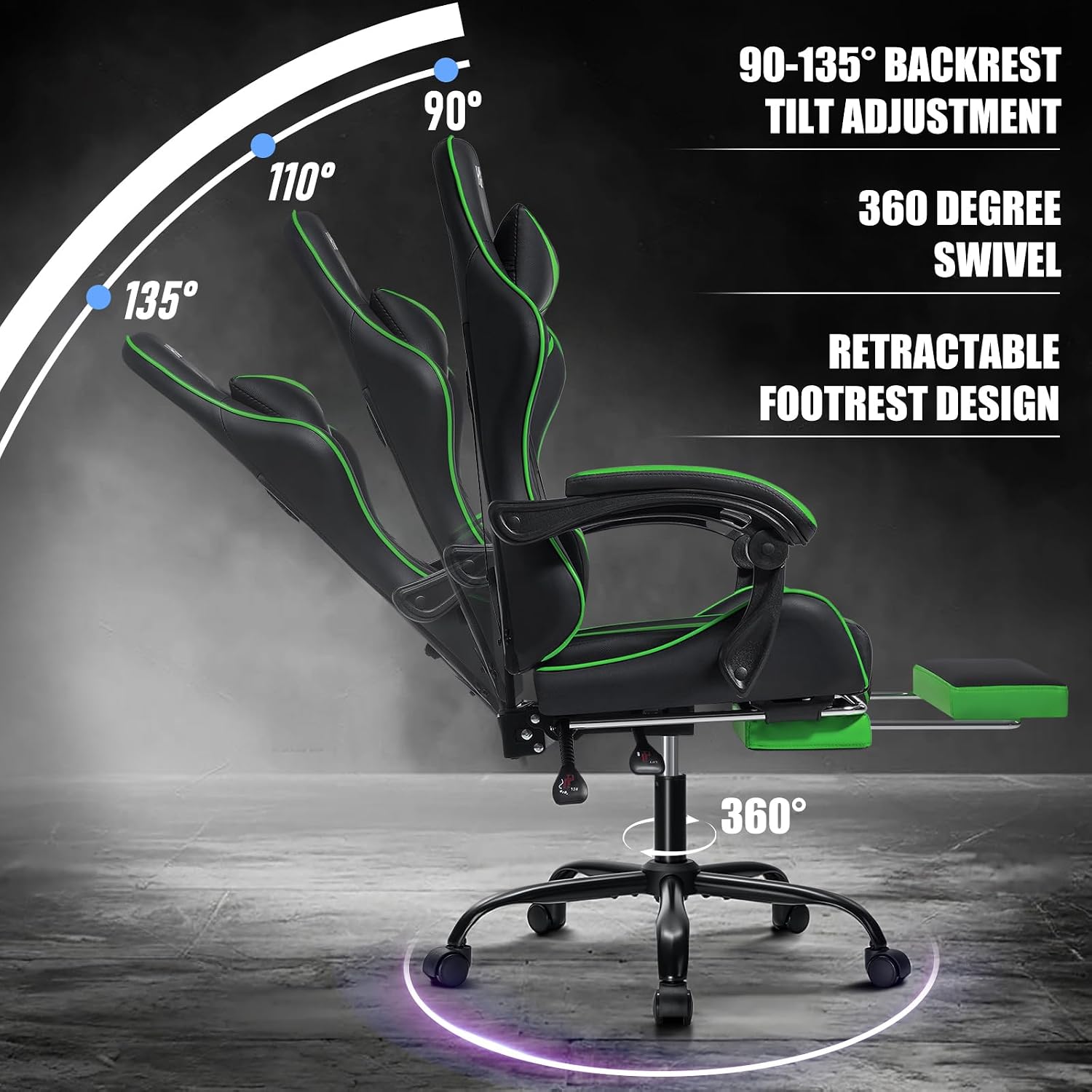 Gaming Chair with Massage Ergonomic Computer Chair with Footrest and Lumbar Support Reclining PC Game Chair for Boys with Adjustable Armrest and Headrest Green