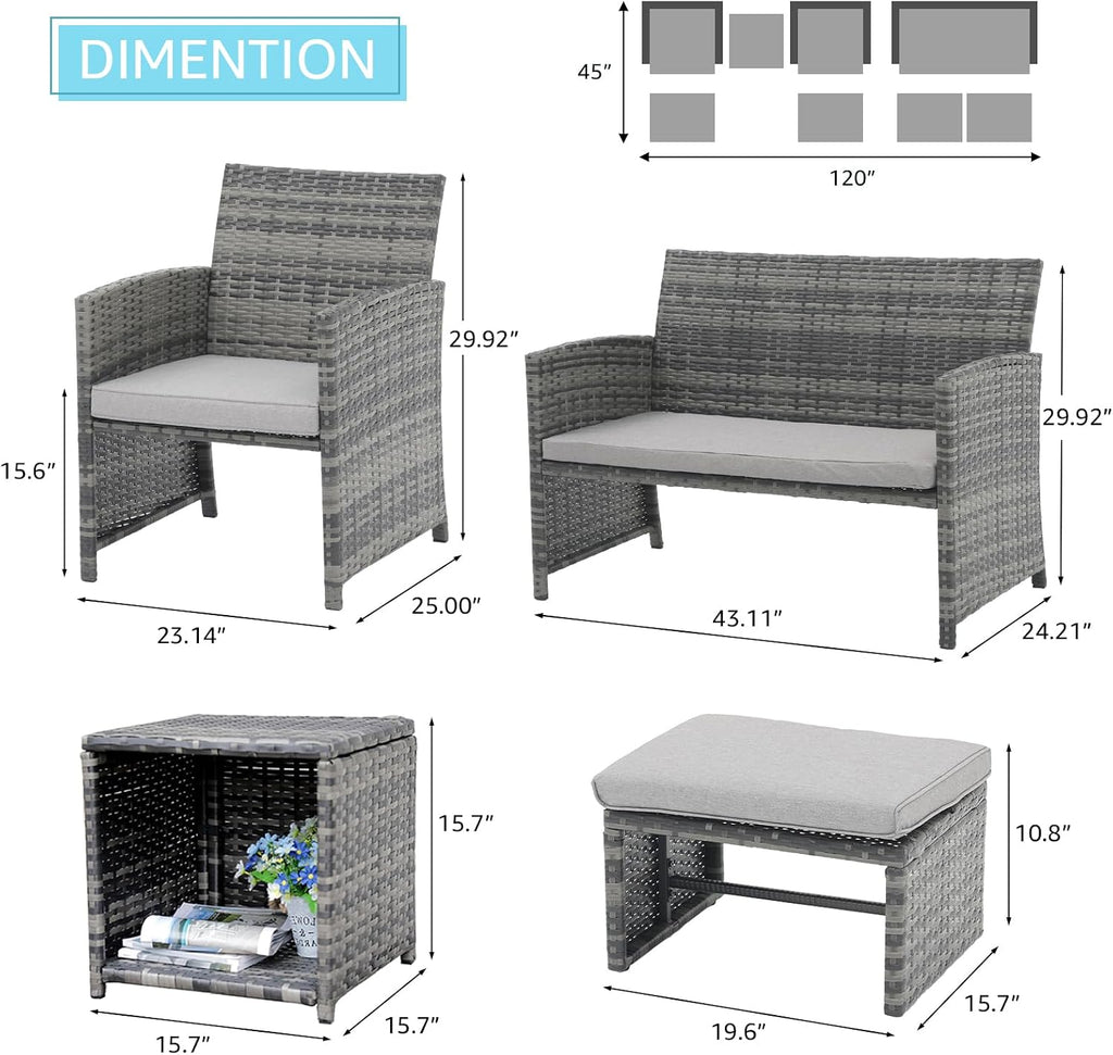 OC Orange-Casual Patio Furniture Sets,8 Pieces Conversation Set, Outdoor Wicker Bistro Set, All Weather Sectional Loveseat Chairs with Ottoman & Coffee Table, Grey Rattan with Light Grey Cushion
