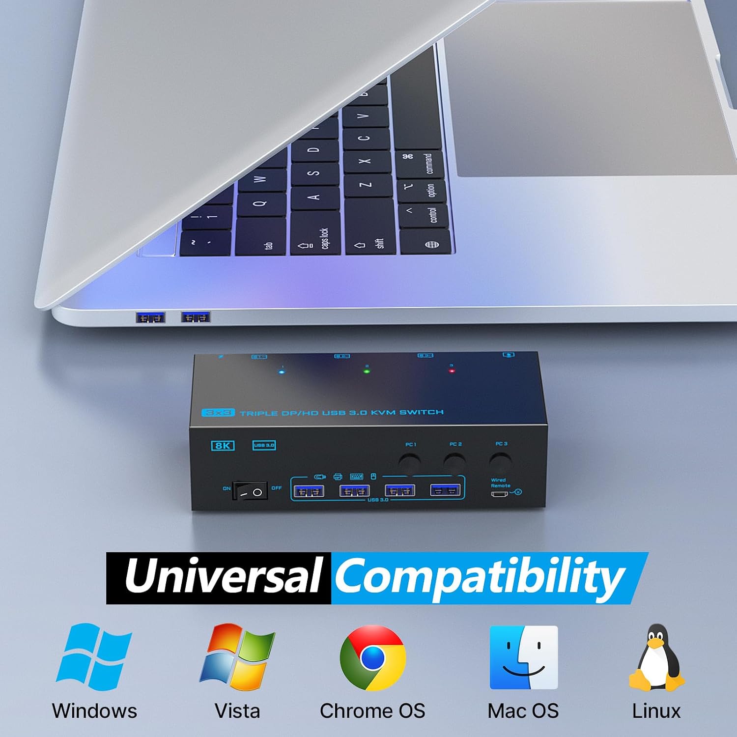 KVM Switch 3 Monitors 3 Computers, ANXQQ 8K@60Hz 4K@144Hz Triple Monitor KVM, HDMI + Displayport KVM Switch with 4 USB 3.0 Ports, 3 Monitor KVM with Power Adapter and Wired Remote