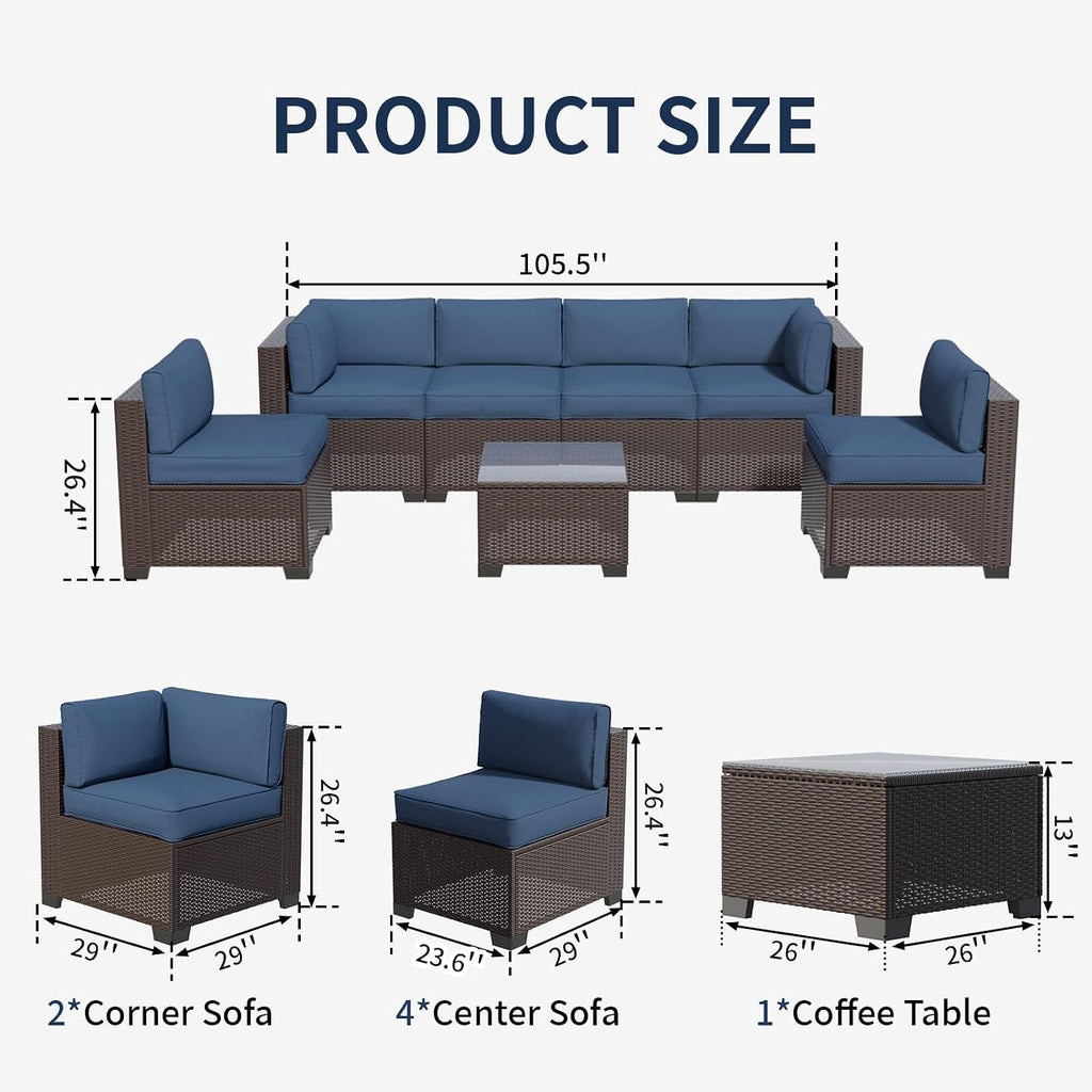 7 Piece Patio Furniture Set, Rattan Outdoor Patio Conversation Sets, Outdoor Sectional Furniture with Thickened Cushions and Coffee Table, for Deck, Backyard, Garden, Dark Brown & Navy Blue