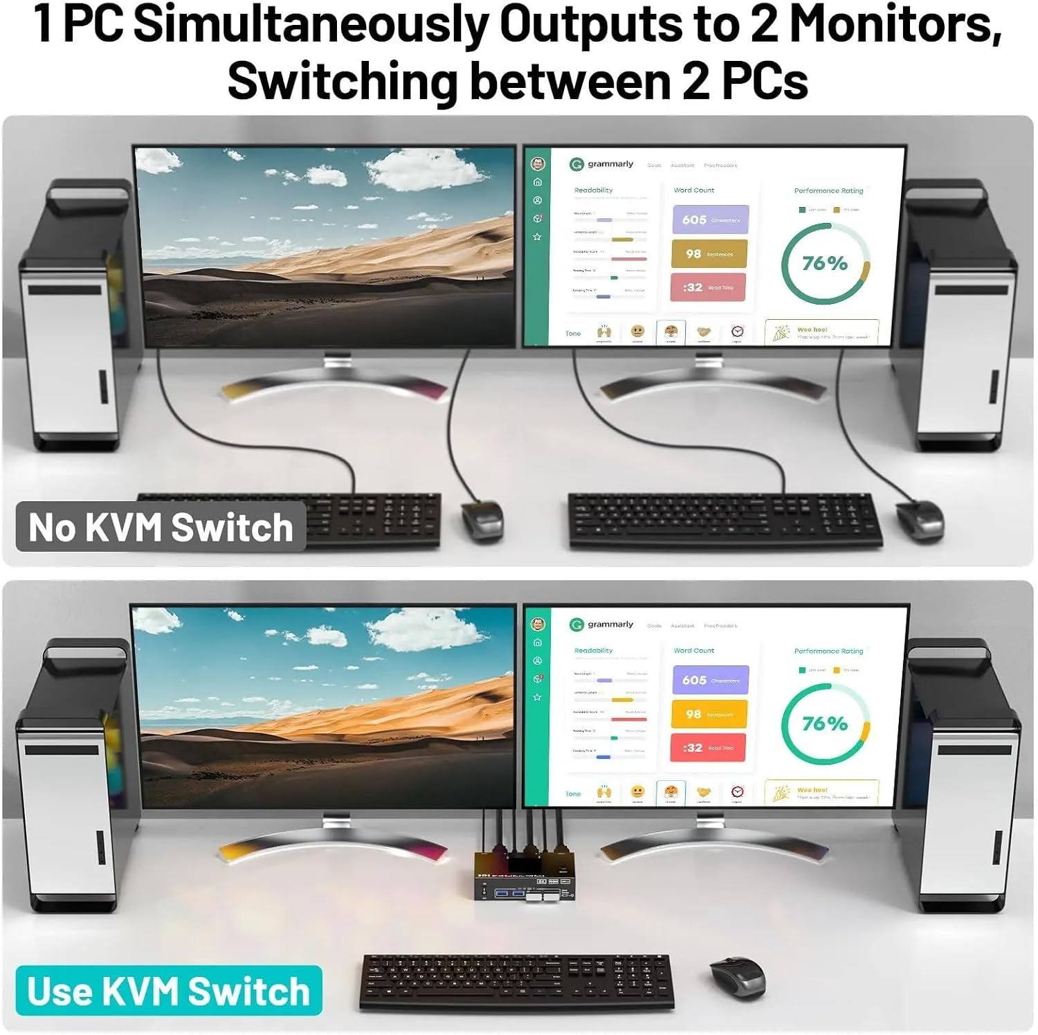 4K@144Hz KVM Switch 2 Monitors 2 Computers 8K@60Hz,HDMI +Displayport Dual Monitor with 4 USB 3.0 Port for Keyboard Mouse Printer(AU Power Adapter)