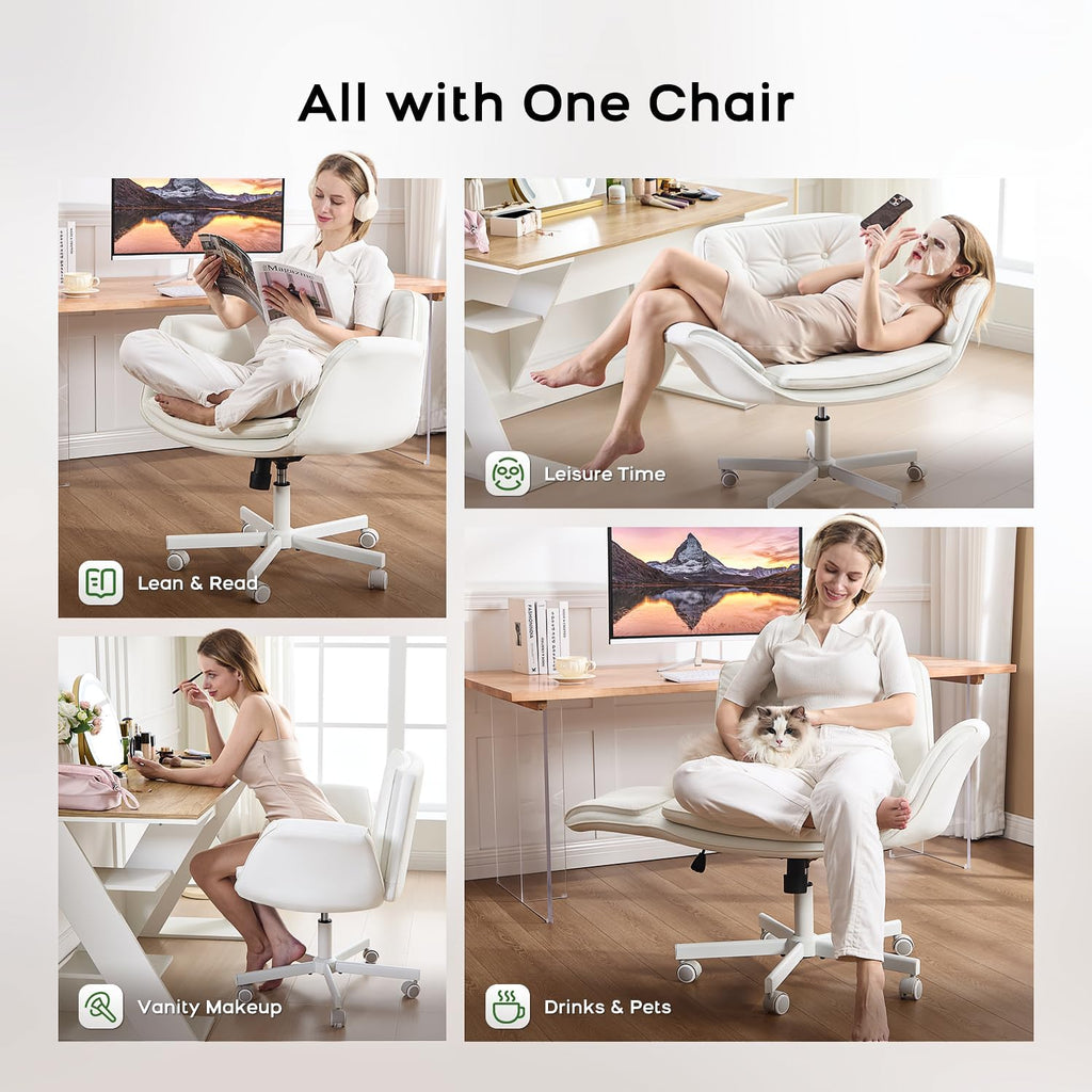 amseatec Criss Cross Office Chair, PU Leather Vanity Chair with 5-Level Adjustable Armrests & Swivel, Ergonomic Criss Cross Chair for Home Office Bedroom Makeup（White）