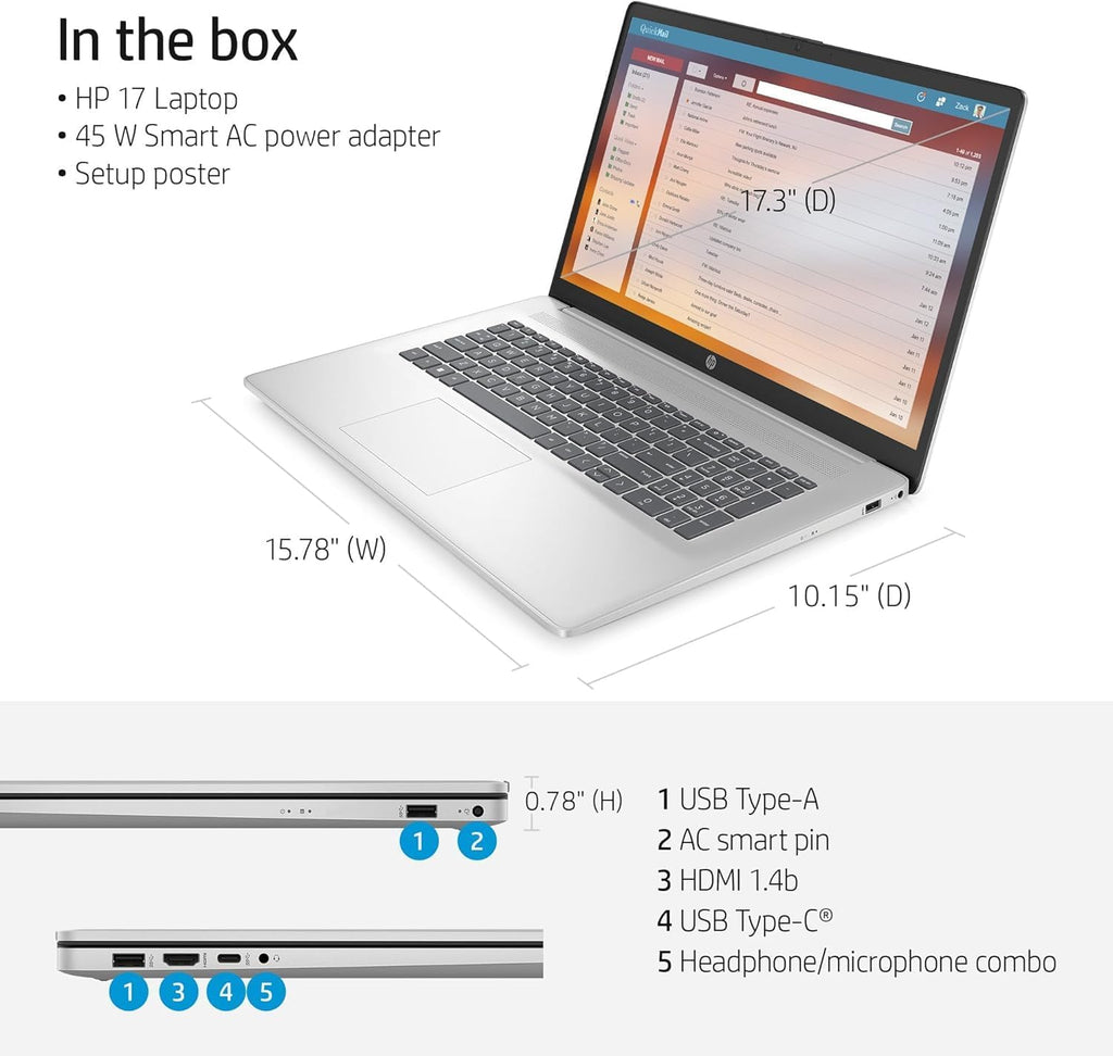 HP 17 Laptop, 17.3' HD+ Screen, Intel i5 1334u(up to 4.6 GHz), 64 GB RAM, 1 TB SSD, Webcam, Intel Graphics, Wi-Fi 6, Long Battery Life, Windows 11 Pro & Office Pro Lifetime License, w/Accessories