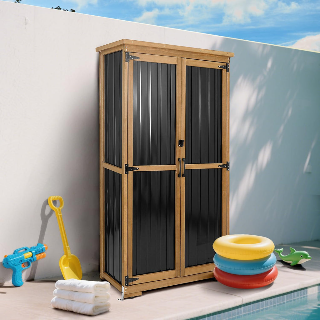 PetsCosset Outdoor Storage Cabinet, Wood & Metal Storage Shed with Weather-Resistant Roof, Removable Shelves, Lockable Doors, Outside Storage Tool Organizer for Garden, Patio, Backyard, Garage, Pool
