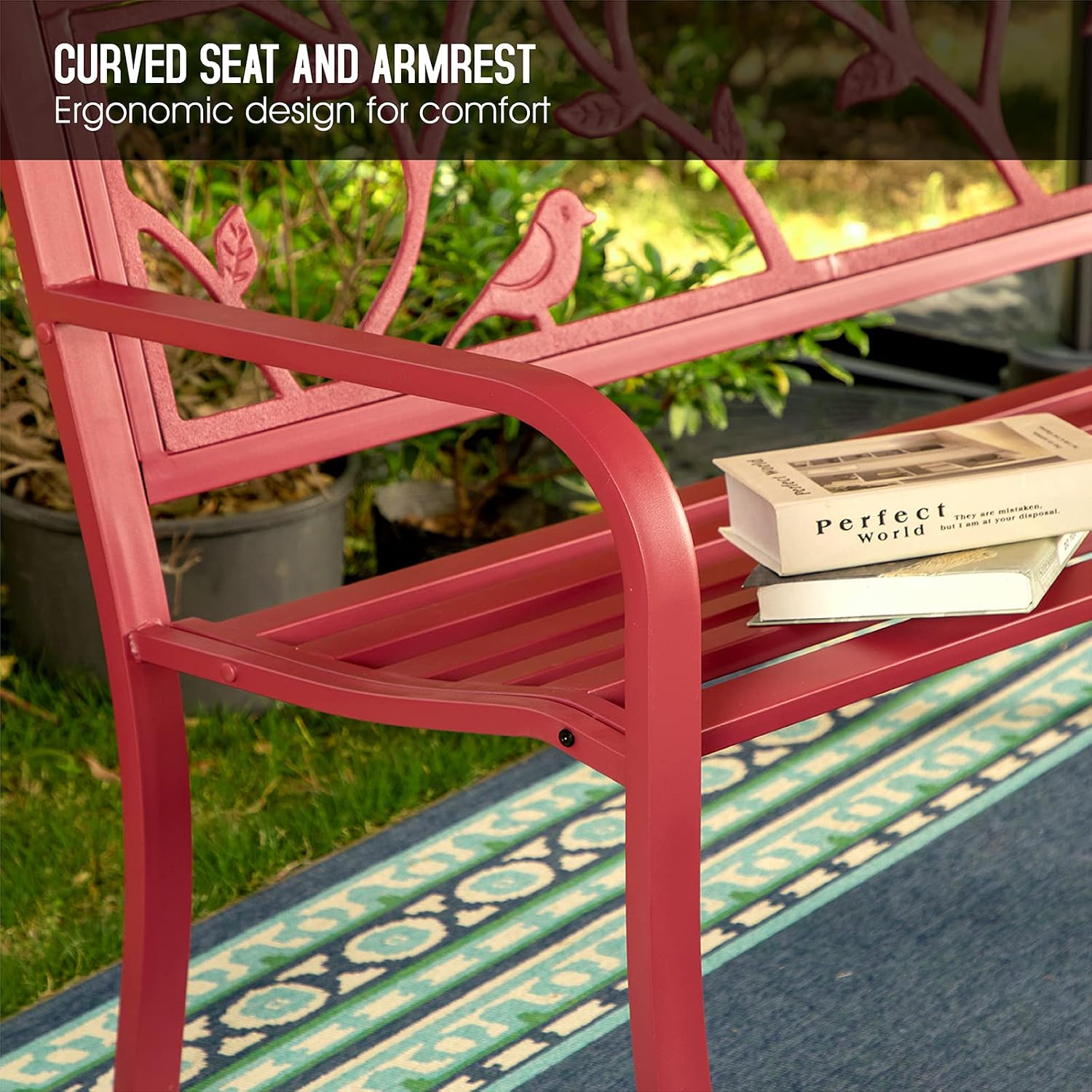 Sophia & William Outdoor Patio Metal Park Bench Red, Steel Frame Bench with Backrest and Armrests for Porch, Patio, Garden, Lawn, Balcony, Backyard and Indoor, 50.4'Wx23.5'D x35.0'H