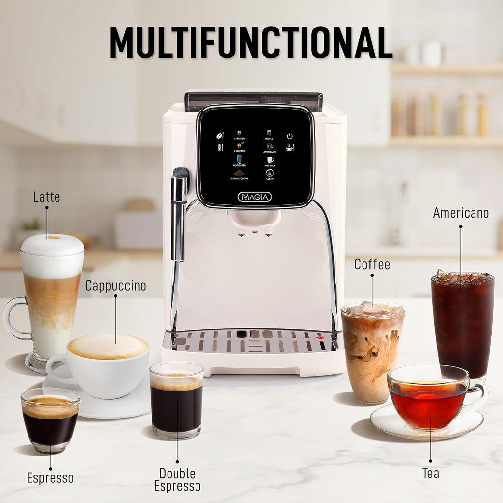 Zulay Kitchen Magia Clasica Automatic Espresso Machine with Built-In Grinder, Touch Panel Coffee Maker, Steam Wand Milk Frother, Adjustable Strength, Self-Cleaning, Cream & Silver (13' x 17.7' x 9.4')