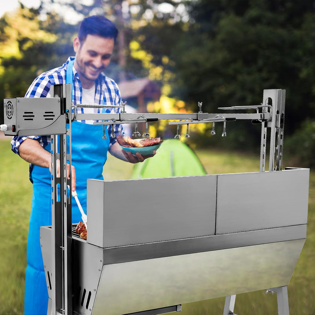 132lbs Outdoor Rotisserie Grill with Back Cover Guard, Small Pig Whole Lamb Stainless Steel Rotisserie Roaster, 37' BBQ Charcoal Rotisserie Roaster Grill