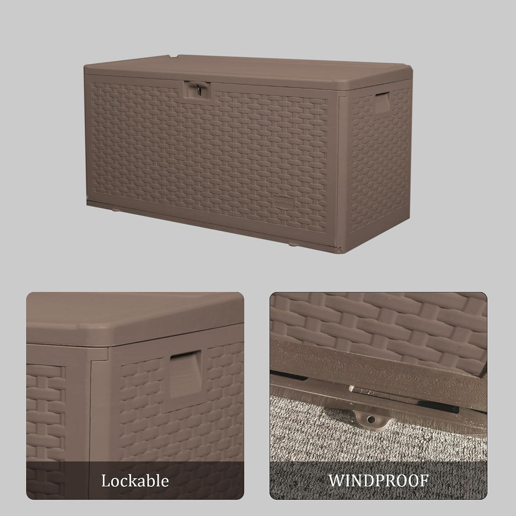 Outdoor Storage Box Waterproof, 73 Gallon Pro Lockable Resin Deck Box Large, Patio Storage Bin for Pool Accessories Cushion Furniture, Garden Tools, UV-Resistant Outside Delivery Brown