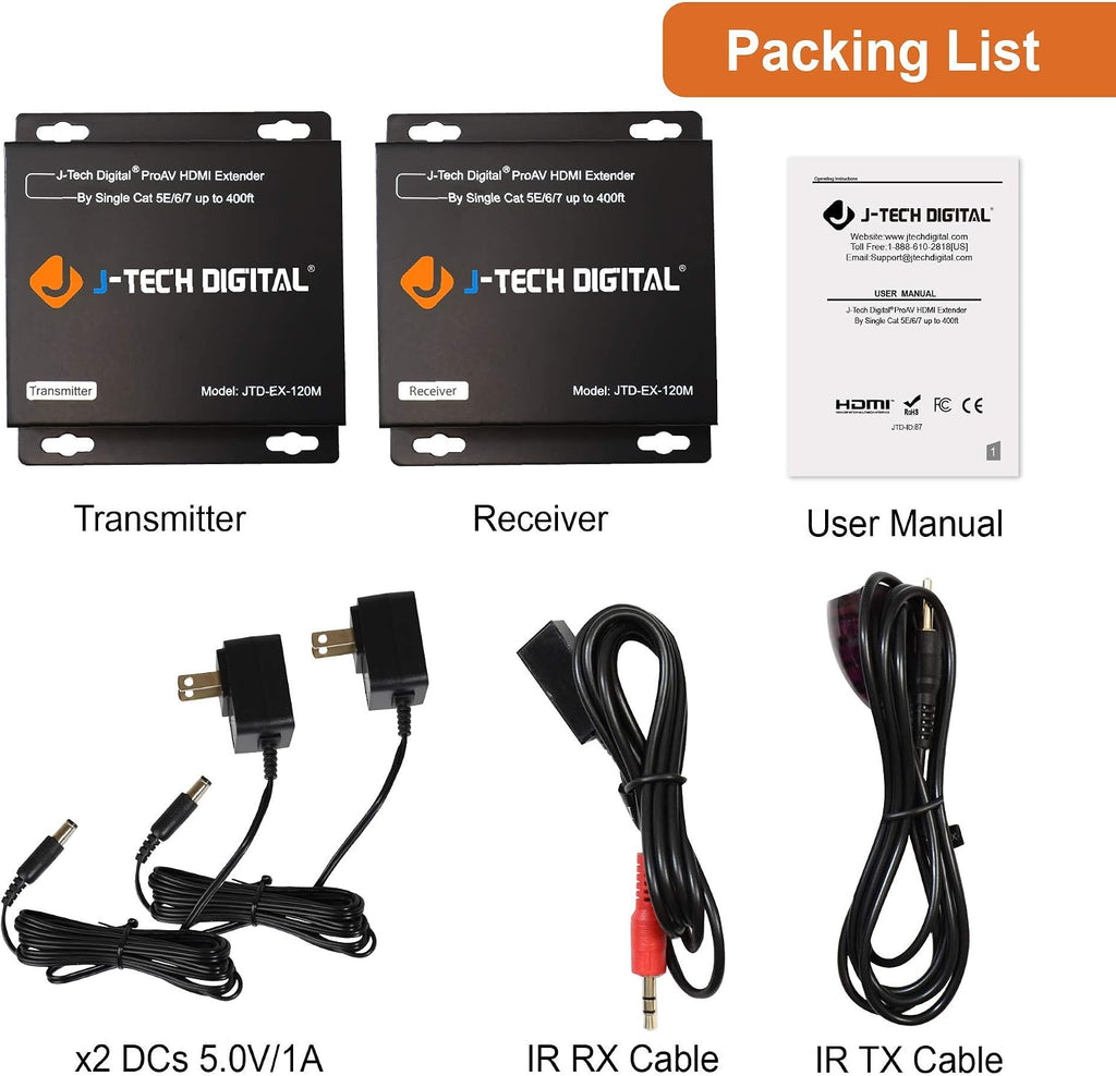 J-Tech Digital HDMI Extender Over Single Cat5e/6/7 HDMI Over Ethernet 1080p with IR Extension - Up to 400ft [TX + RX]