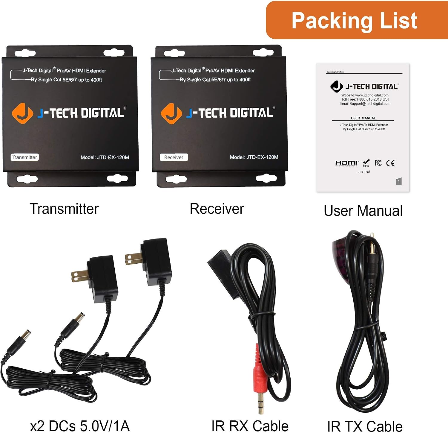 J-Tech Digital HDMI Extender Over Single Cat5e/6/7 HDMI Over Ethernet 1080p with IR Extension - Up to 400ft [TX + RX]
