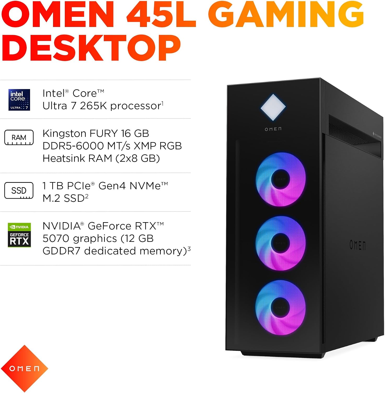 HP OMEN 45L Gaming Desktop, Intel Core Ultra 7 265K, 16 GB RAM, 1 TB SSD, NVIDIA GeForce RTX 5070, Windows 11 Pro, Microsoft Copilot, Tempered Glass, GT22-3050 (2025)
