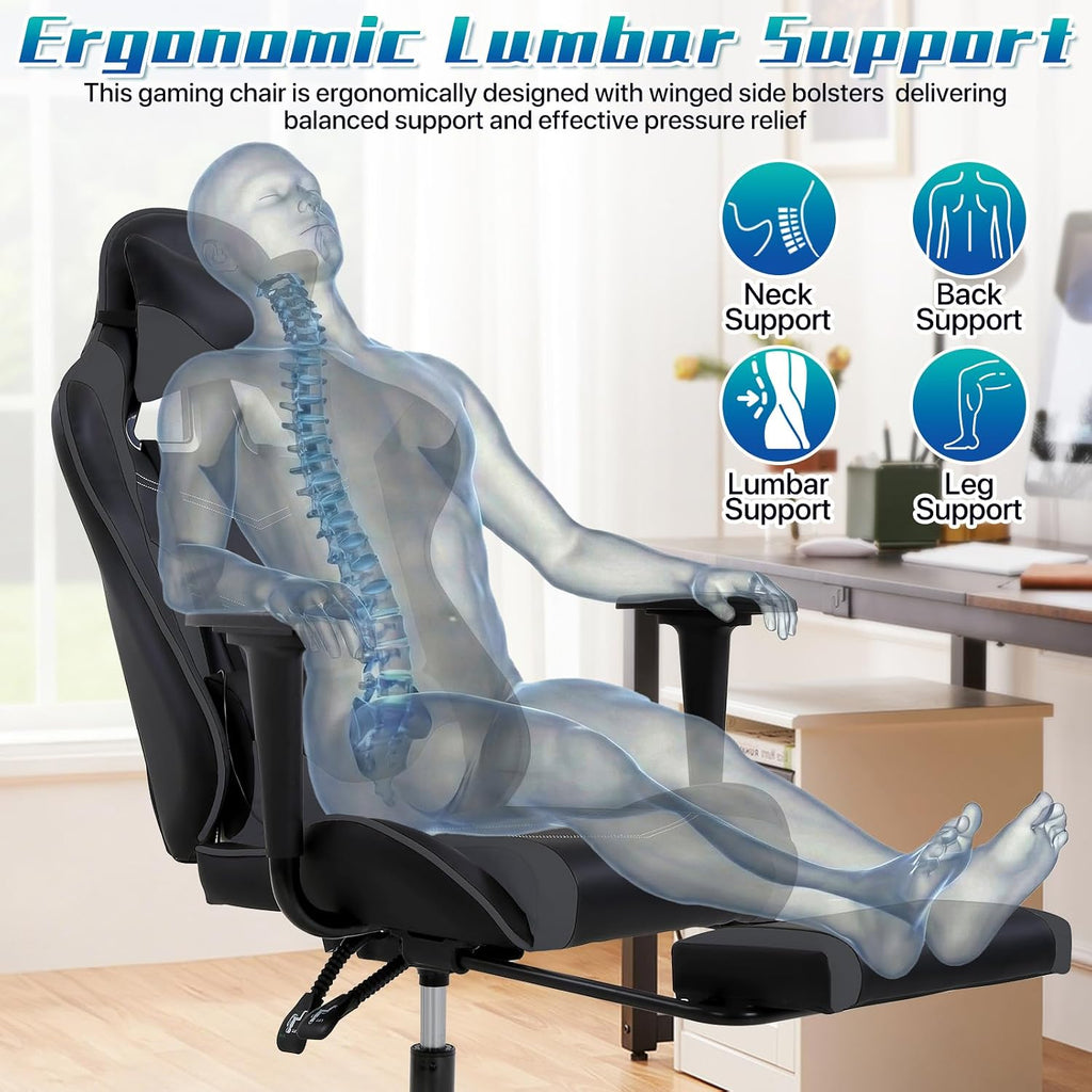 Ergonomic Gaming Chair with Footrest, High Back PU Leather Office Desk Chair for Adults Teens, Rolling Swivel Computer Chair (Grey)