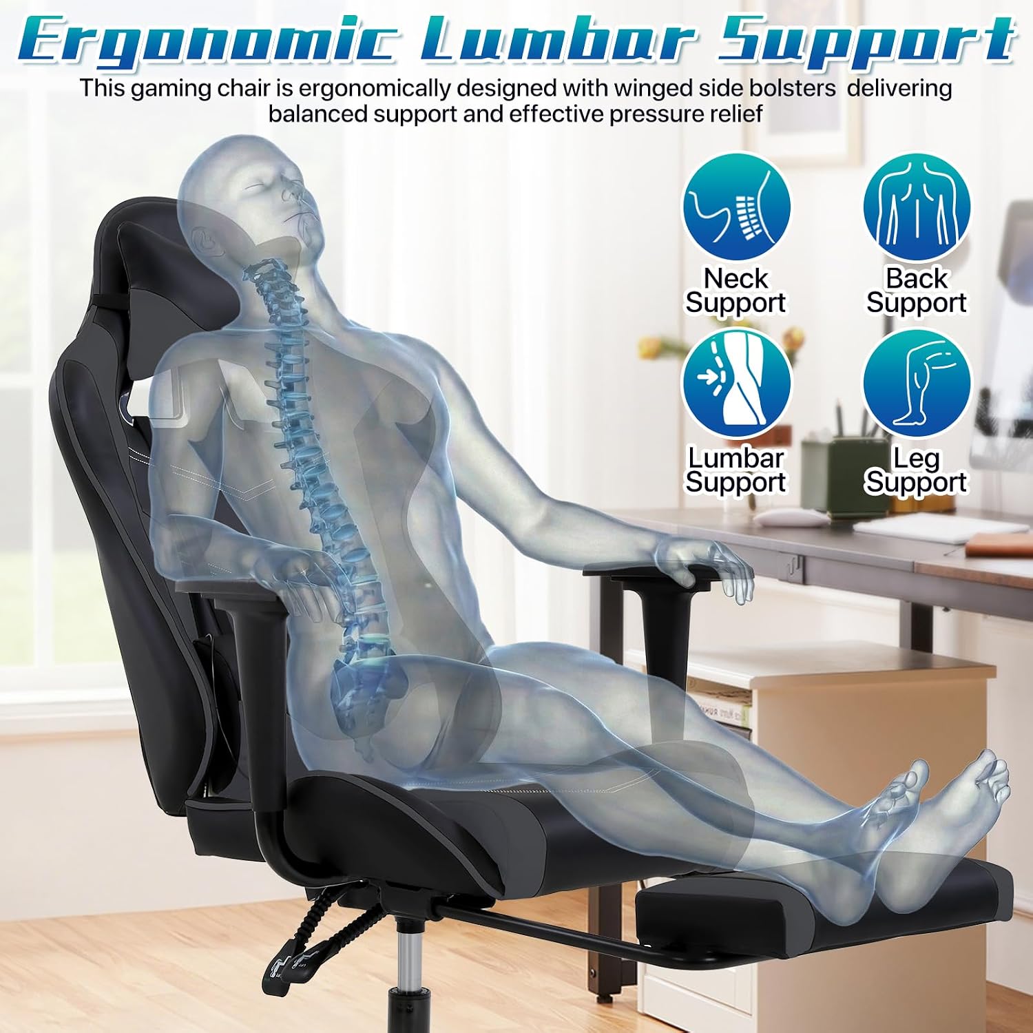 Ergonomic Gaming Chair with Footrest, High Back PU Leather Office Desk Chair for Adults Teens, Rolling Swivel Computer Chair (Grey)