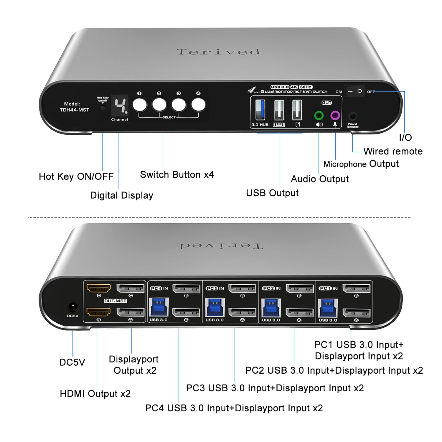 4 Computer 4 Monitors (2HDMI 2DP) MST KVM Switch 4K@60Hz, DP MST USB 3.0 Quad Monitor, Hotkey and Wire Remote, Aluminum Shell, Digital Display, Audio/Mic, HDR10 with Cables (Windows)