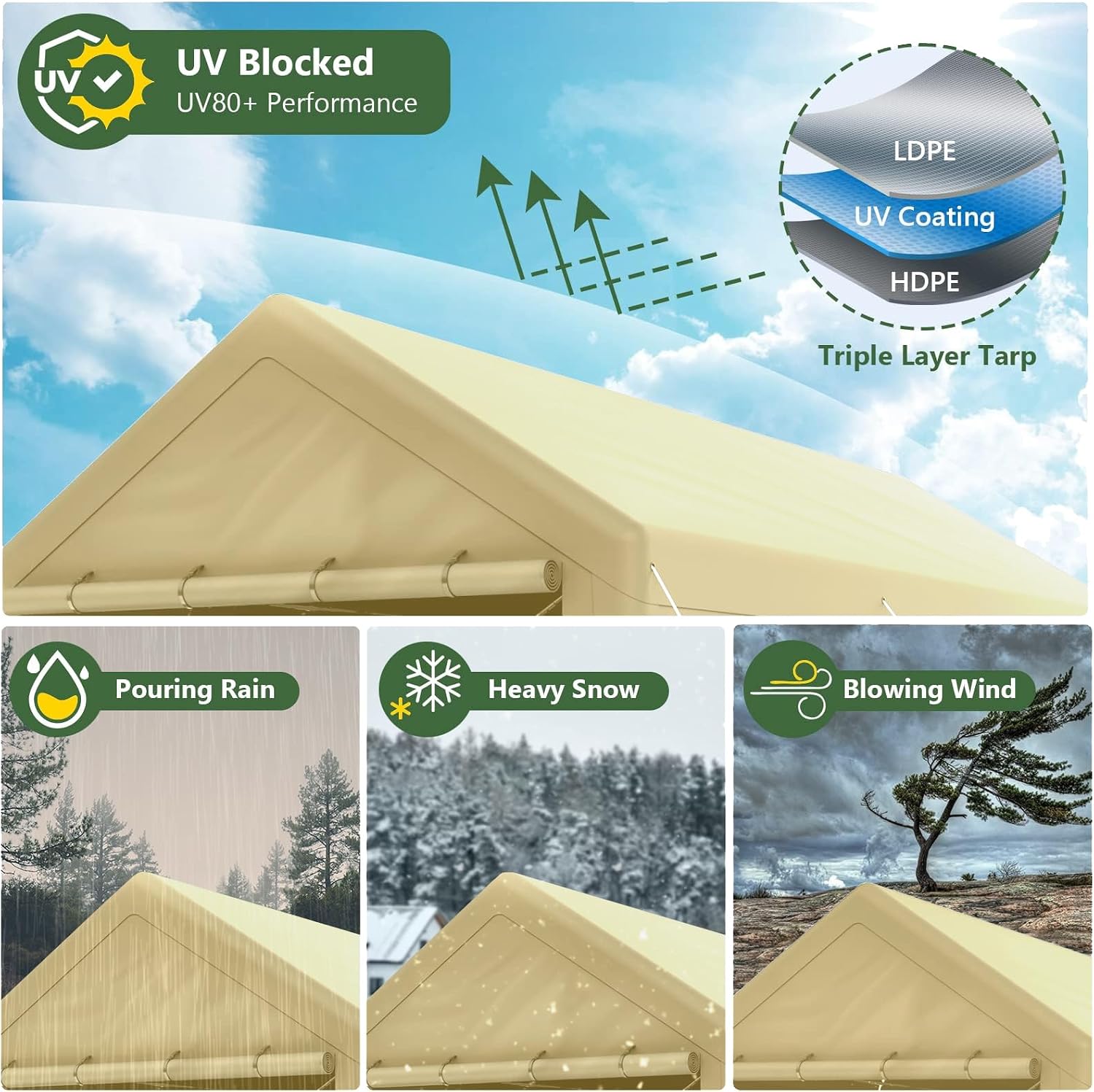 Carport 10x20 Ft Heavy Duty Canopy Steel Canopy Storage Shed,Portable Garage Party Tent,Portable Garage with Removable Sidewalls & Doors All-Season Tarp for Carport (Beige)