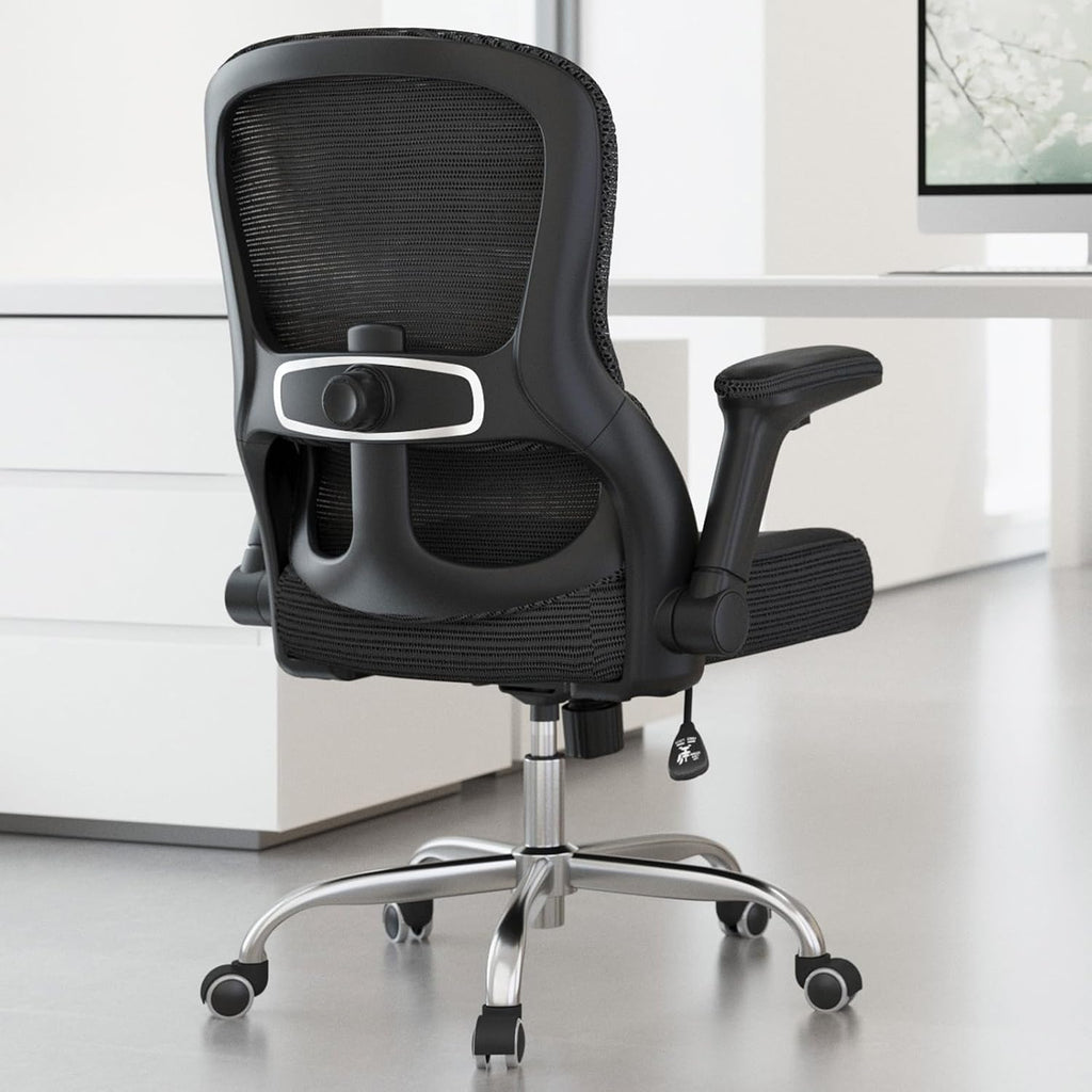 Ergonomic Office Chair - Desk Chair with Adjustable Lumbar Support Computer Chair - Mesh Comfy Chair with Flip-up Armrests - Gaming Chairs for Adults Home Office (Leather, Black)