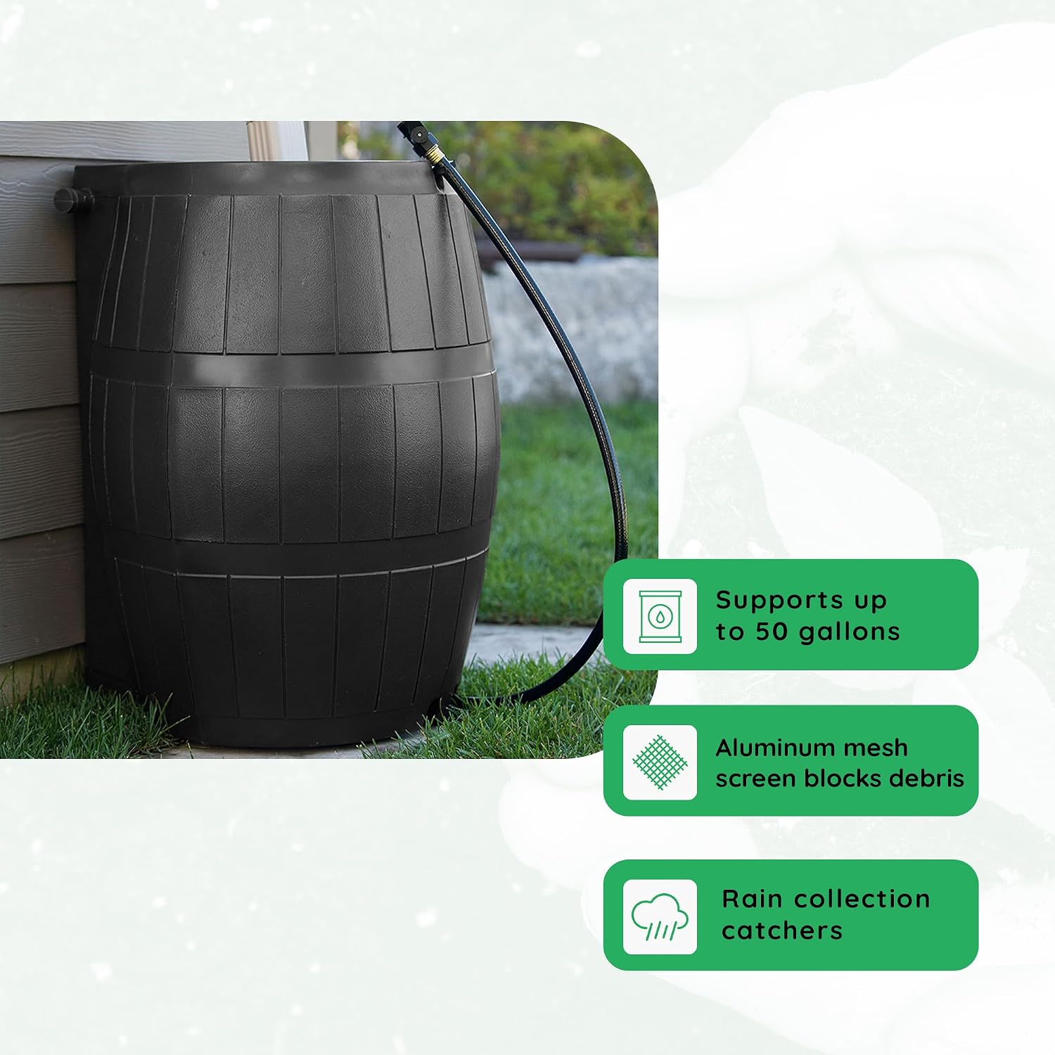 FCMP Outdoor Raincatcher 4000 Rain Barrel, Flat-Back Rainwater Catcher with Spigots, 50 Gallon, Black - Portable Water Storage Container Tank for Home, Garden, and Backyard